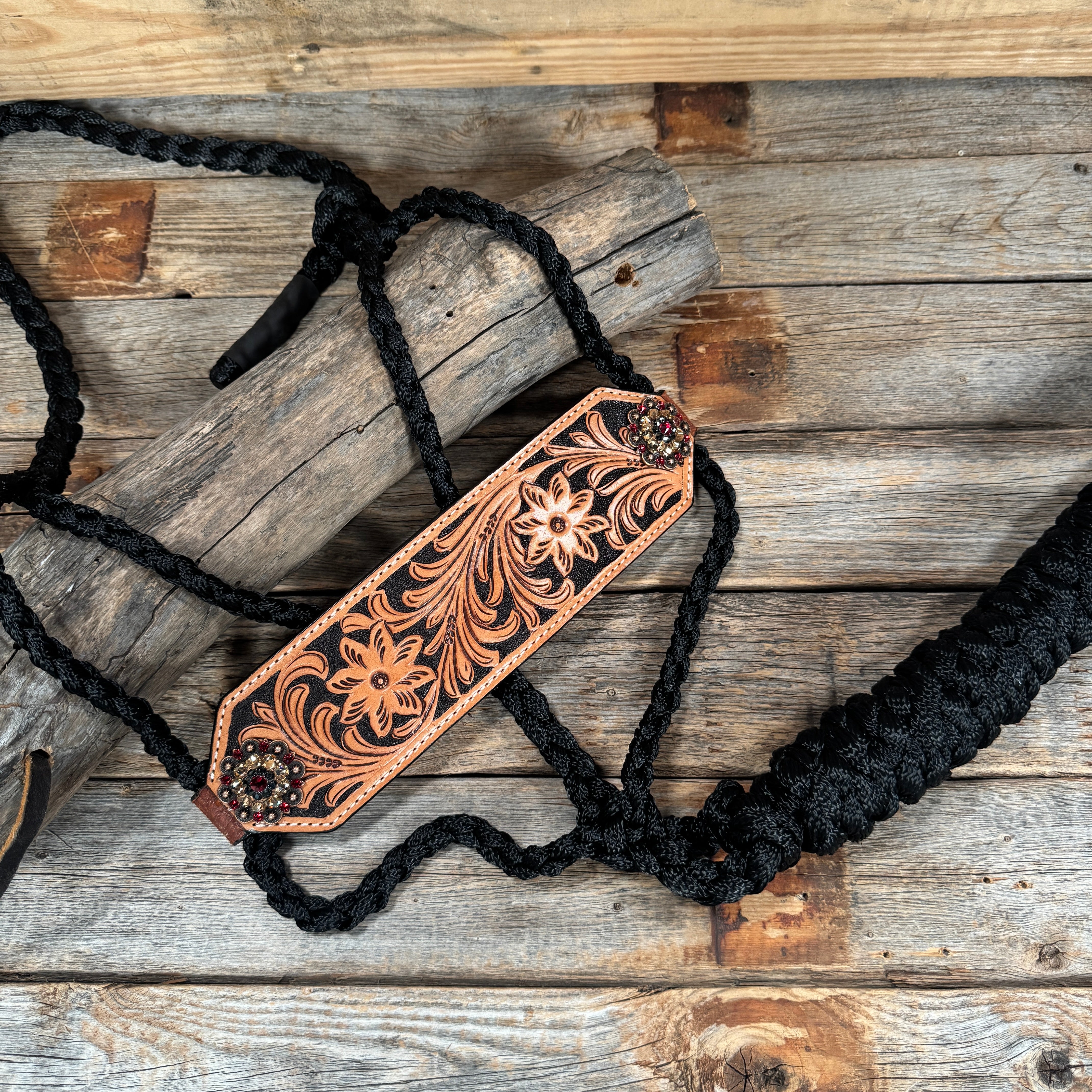 Bronc Noseband Mule Tape Halter with Copper Ruby/Jet/Champagne Conchos #MT302
