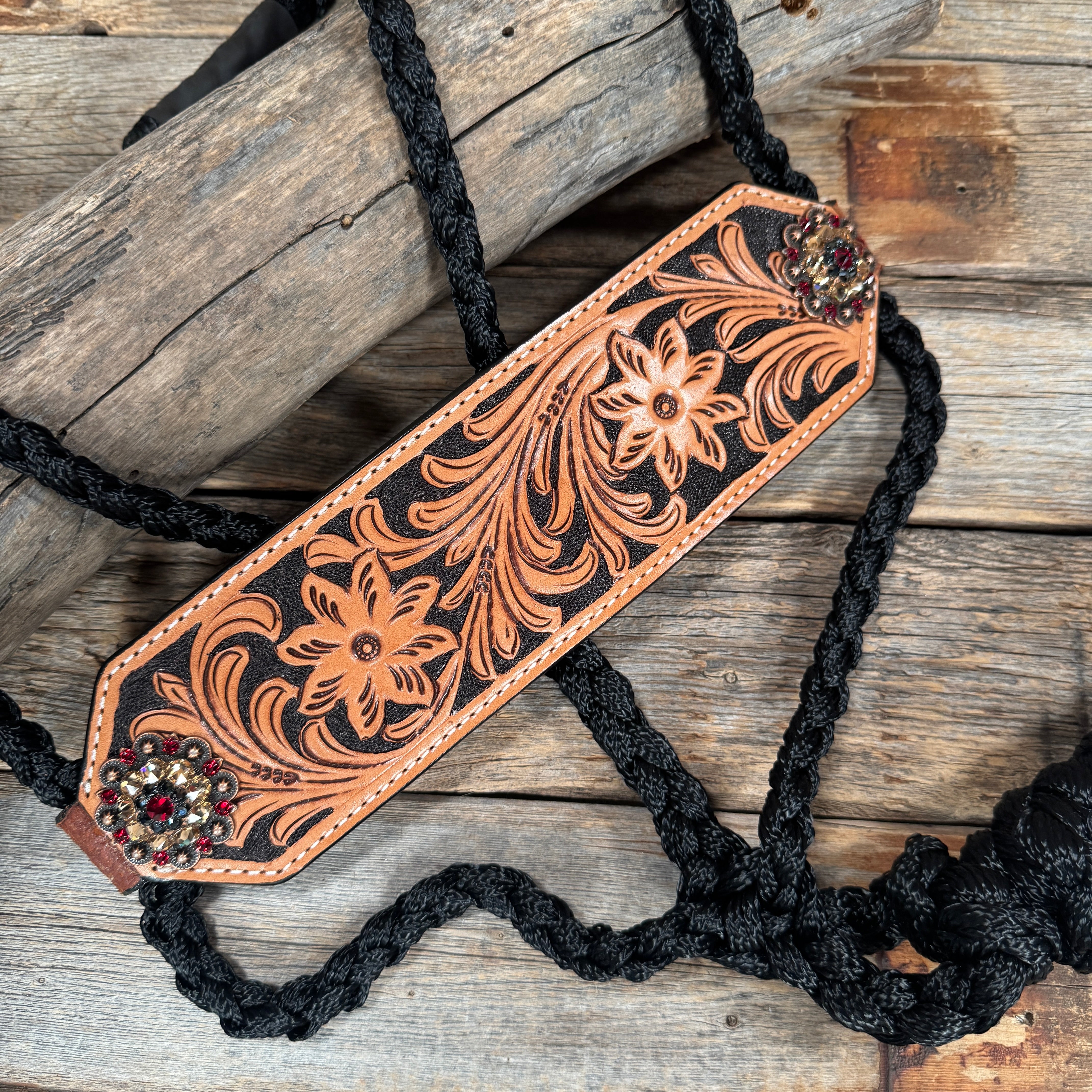 Bronc Noseband Mule Tape Halter with Copper Ruby/Jet/Champagne Conchos #MT302