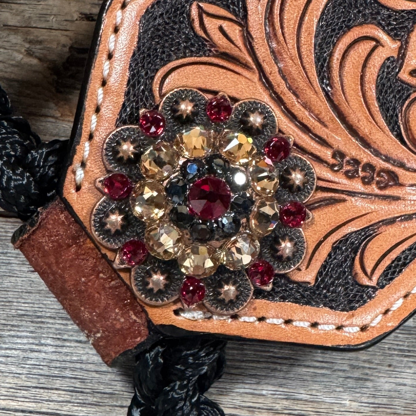Bronc Noseband Mule Tape Halter with Copper Ruby/Jet/Champagne Conchos #MT302