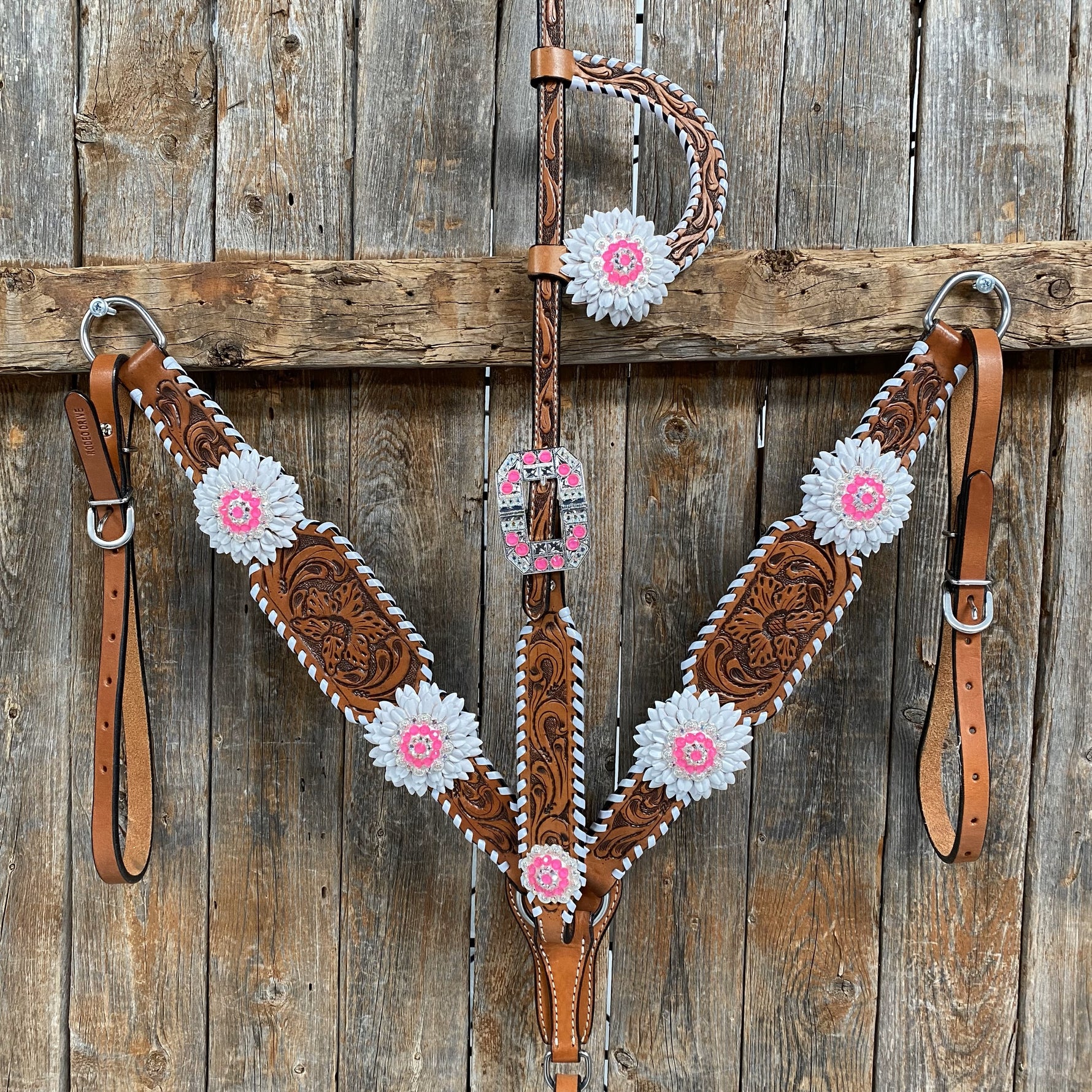Light Oil Whipstitch Neon and White One Ear/ Breastcollar Tack Set #OEBC561