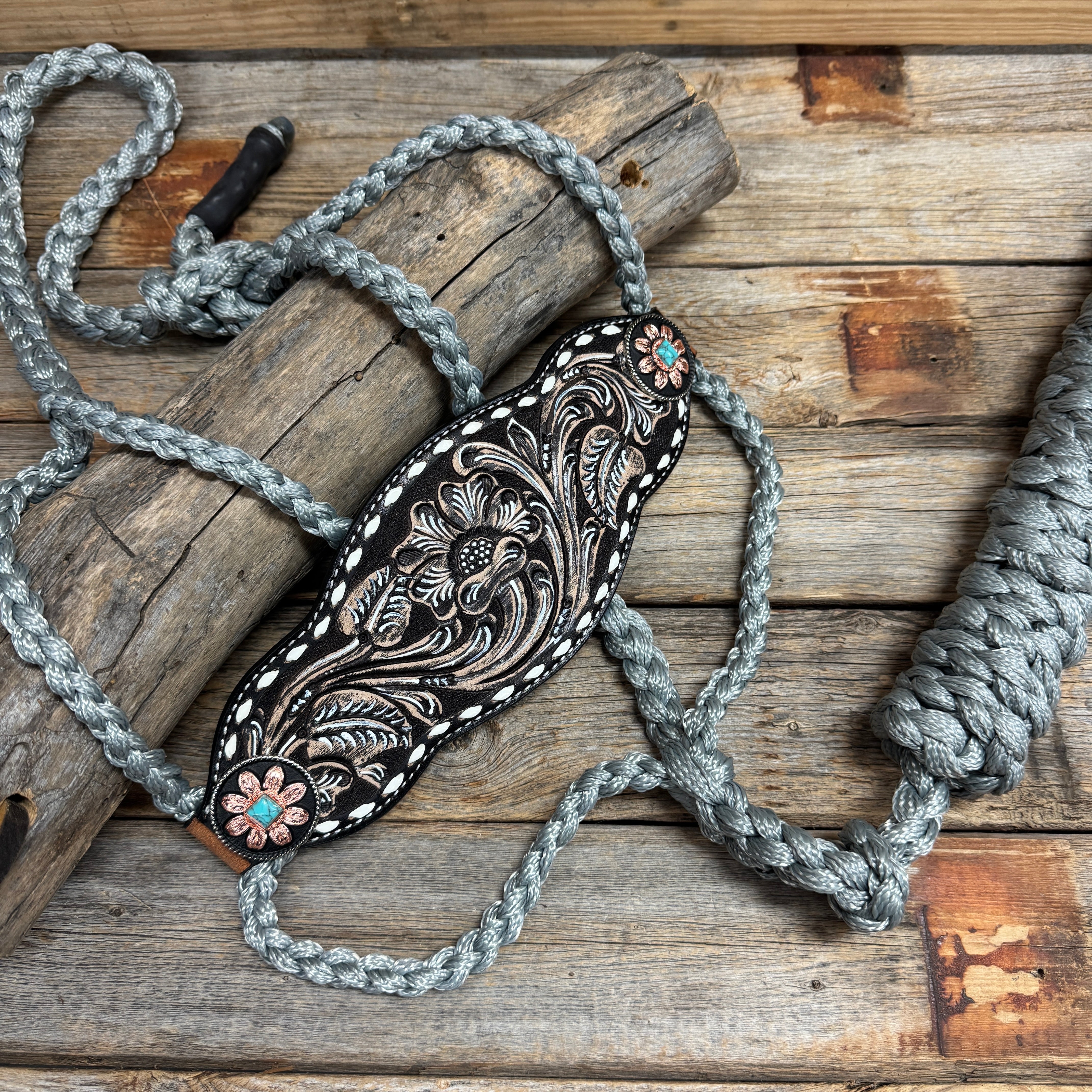 Bronc Noseband Mule Tape Halter with Turquoise Sunflower Western Conchos #MT306