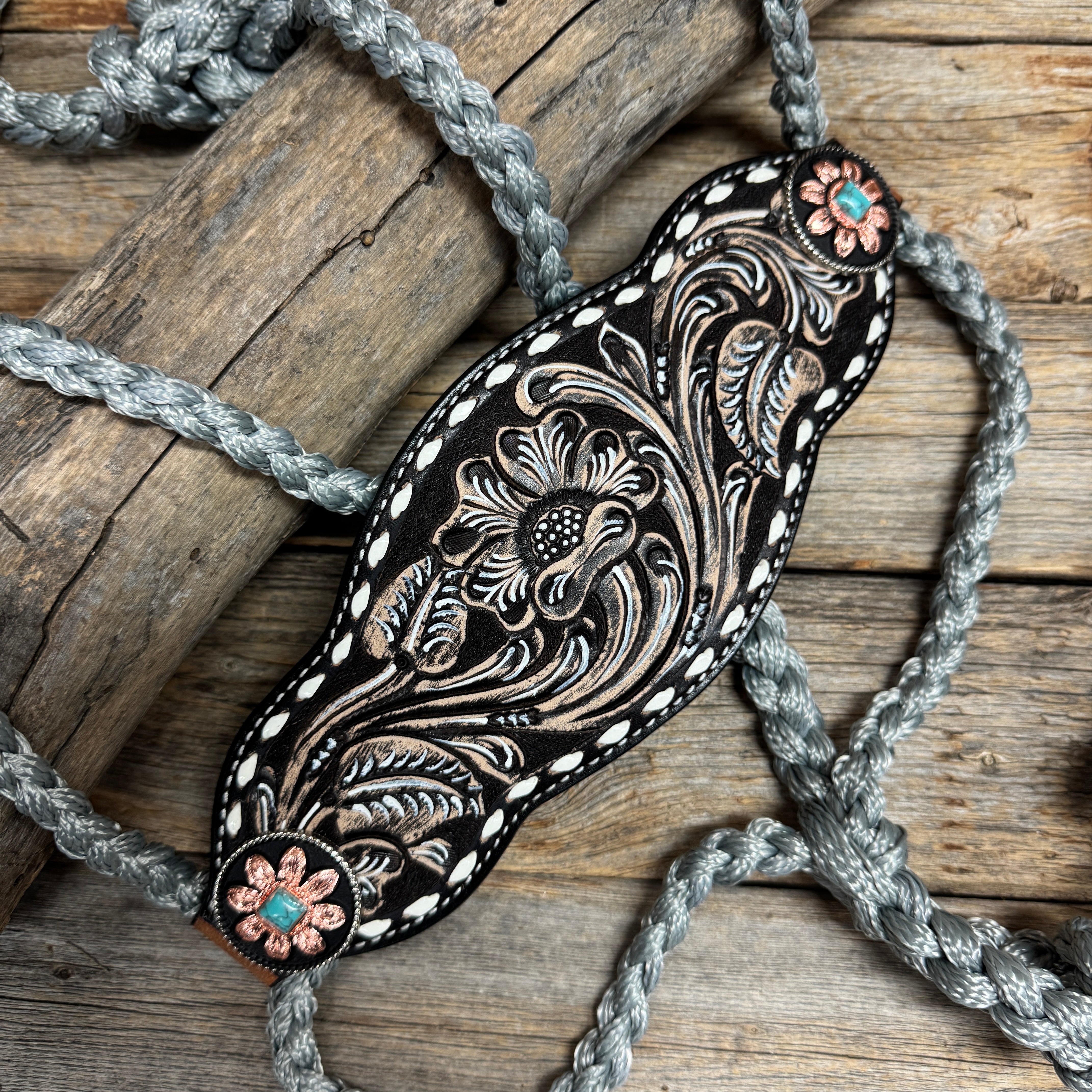 Bronc Noseband Mule Tape Halter with Turquoise Sunflower Western Conchos #MT306