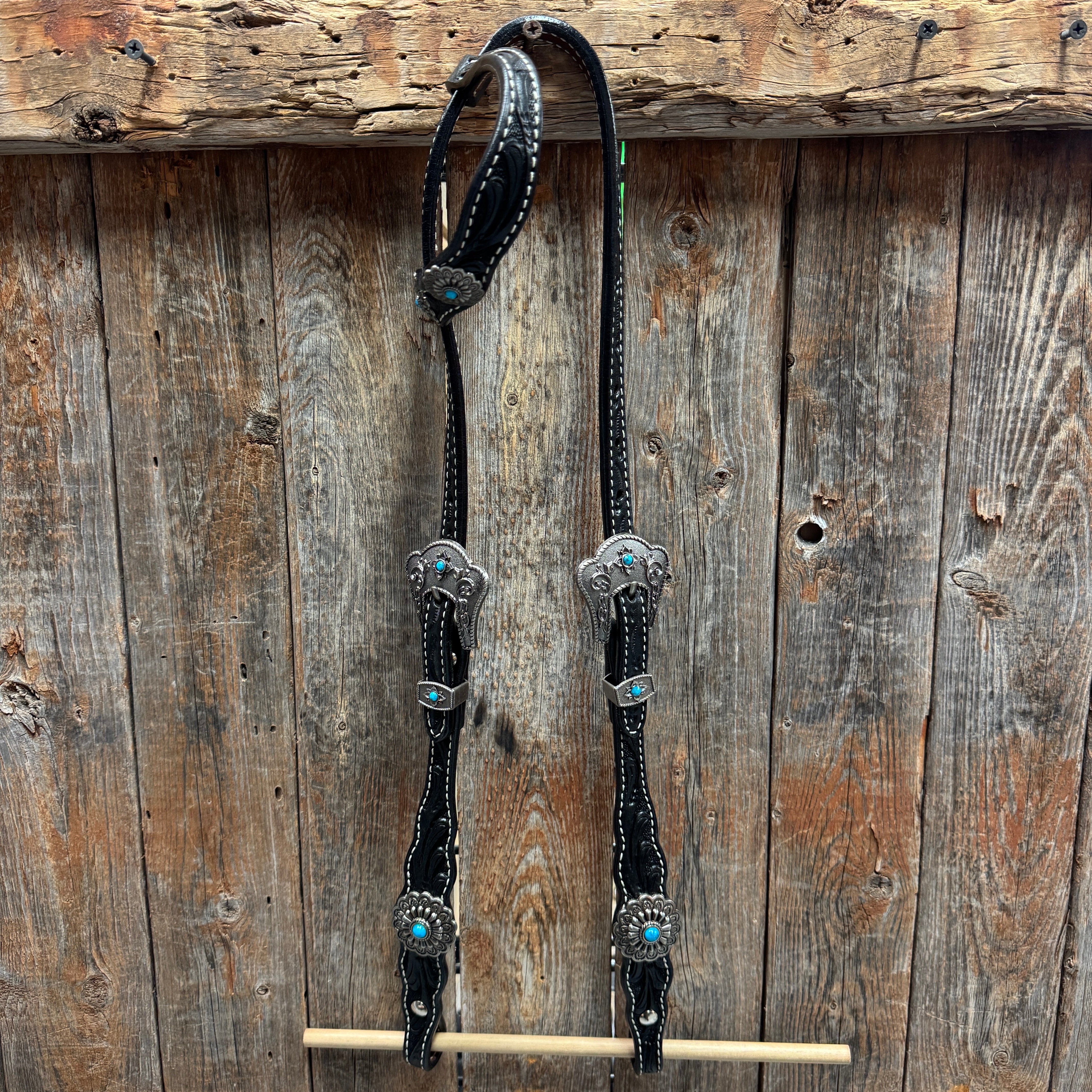 Black Floral Antique Silver Turquoise Browband/One Ear Tack Set #BBBC489