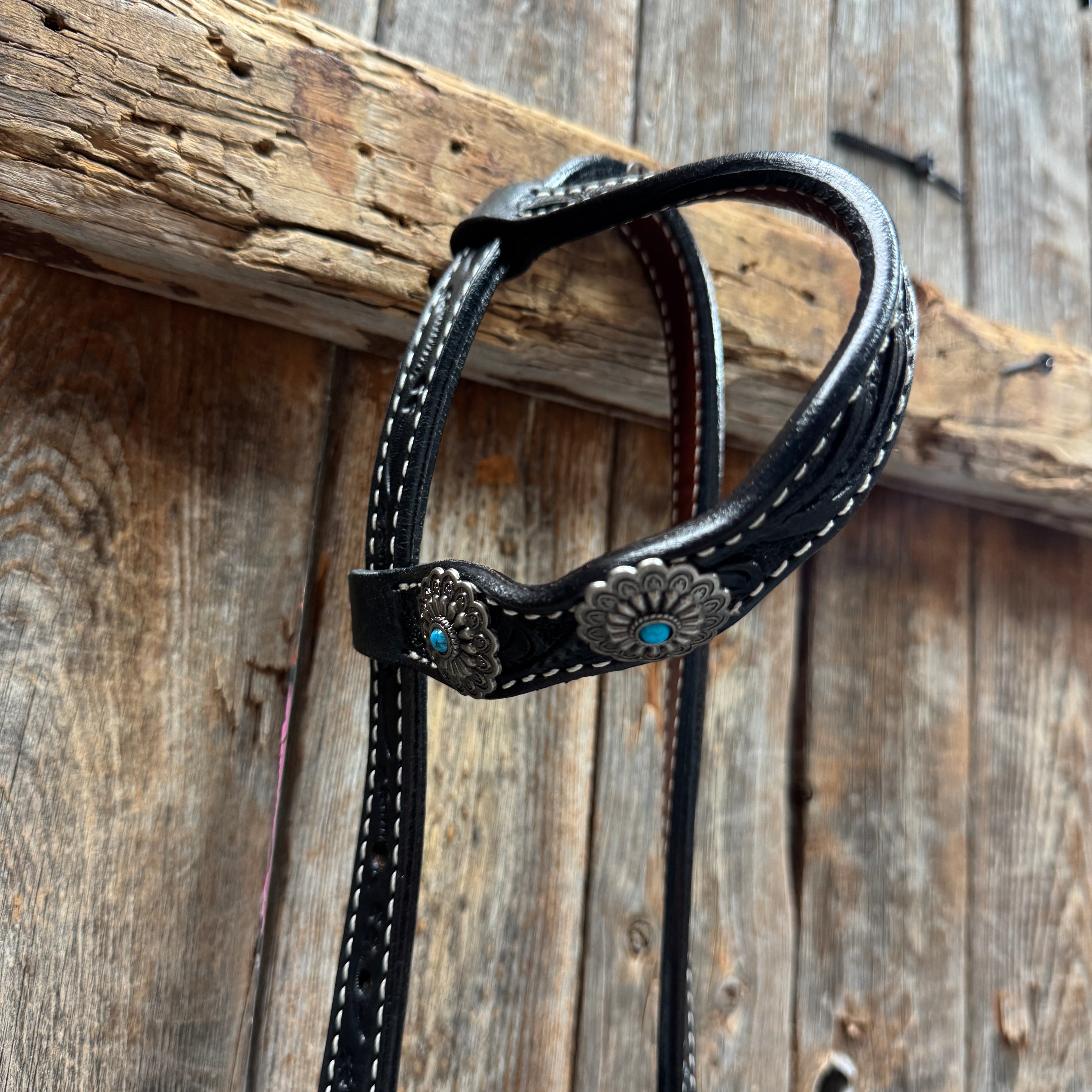 Black Floral Antique Silver Turquoise Browband/One Ear Tack Set #BBBC489