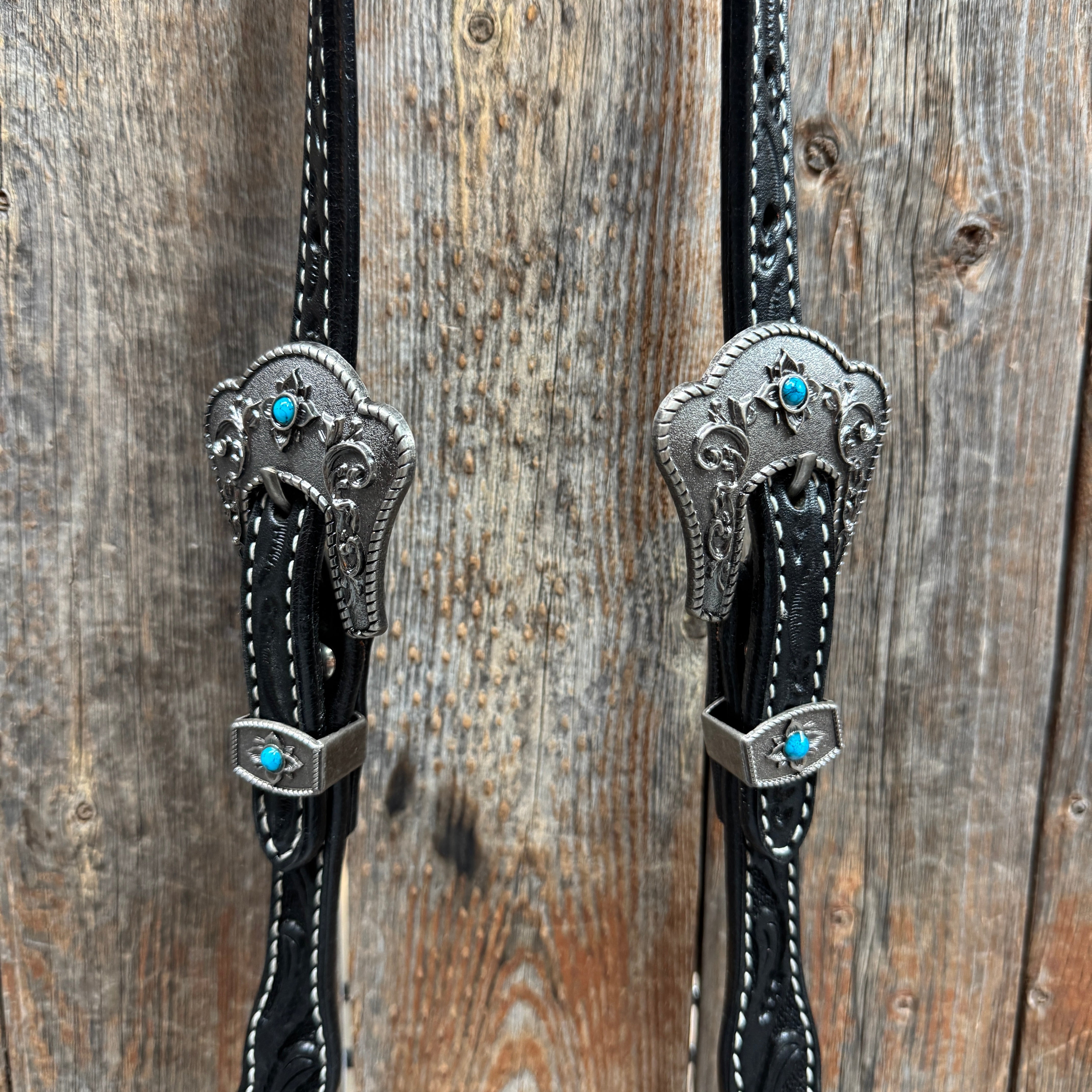 Black Floral Antique Silver Turquoise Browband/One Ear Tack Set #BBBC489