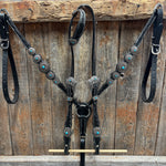 Black Floral Antique Silver Turquoise Browband/One Ear Tack Set #BBBC489