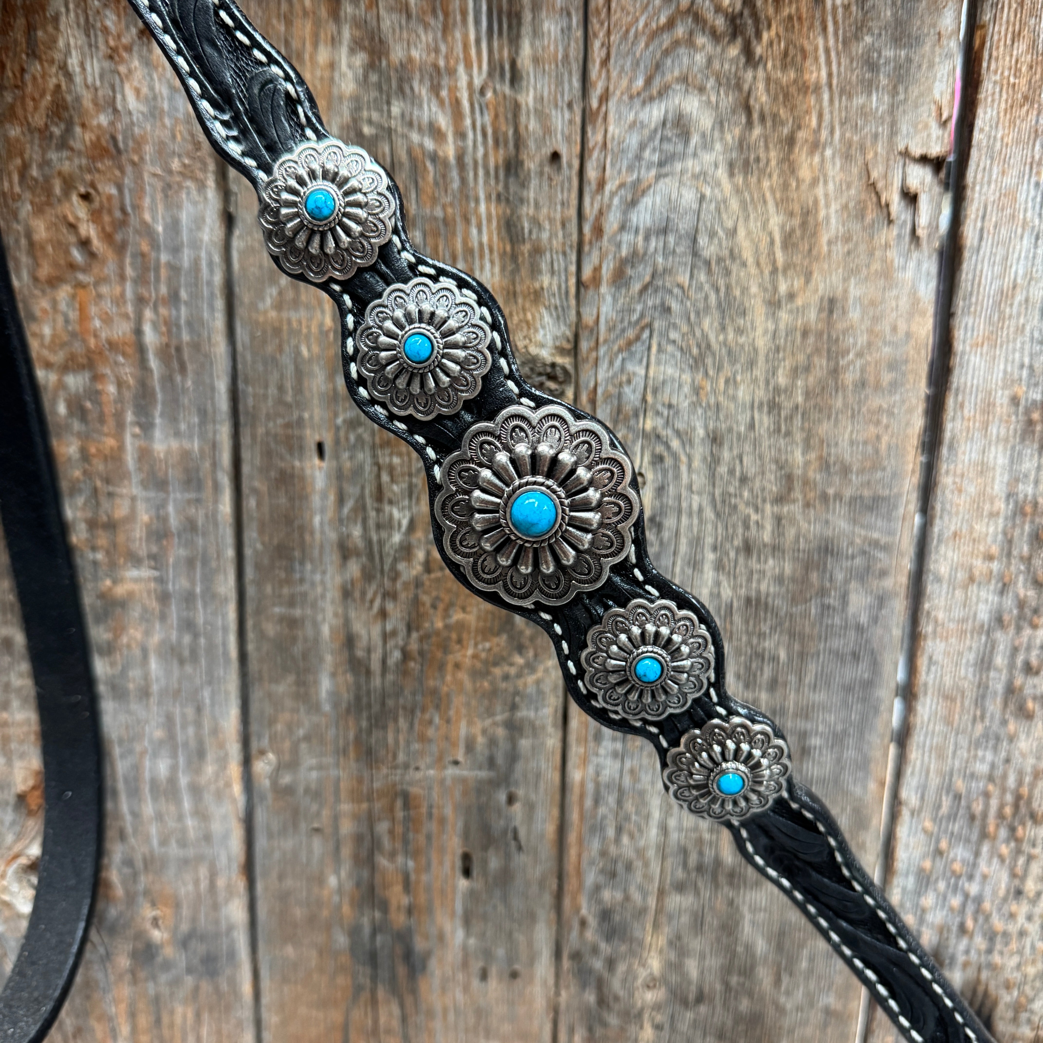 Black Floral Antique Silver Turquoise Browband/One Ear Tack Set #BBBC489
