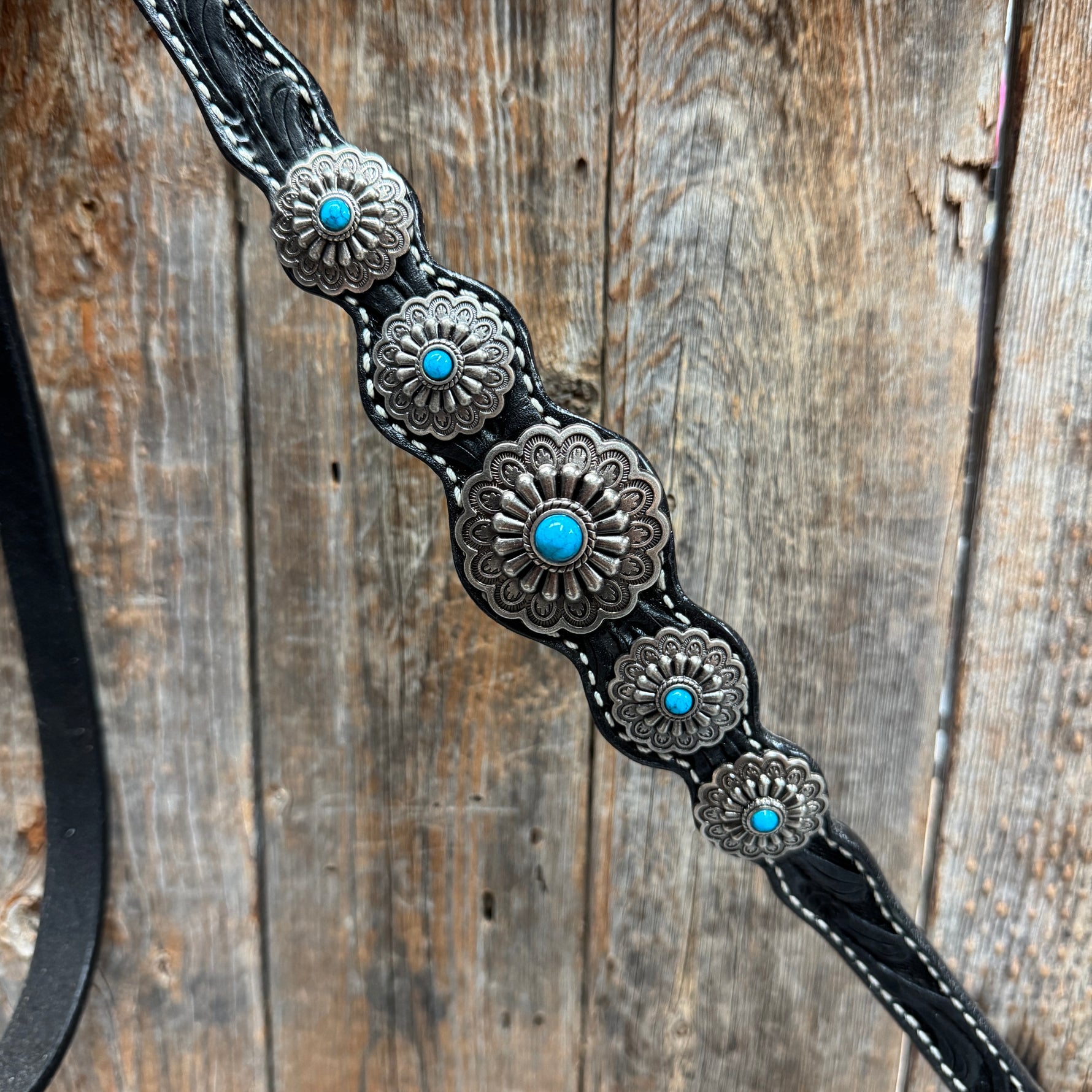 Black Floral Antique Silver Turquoise Browband/One Ear Tack Set #BBBC489