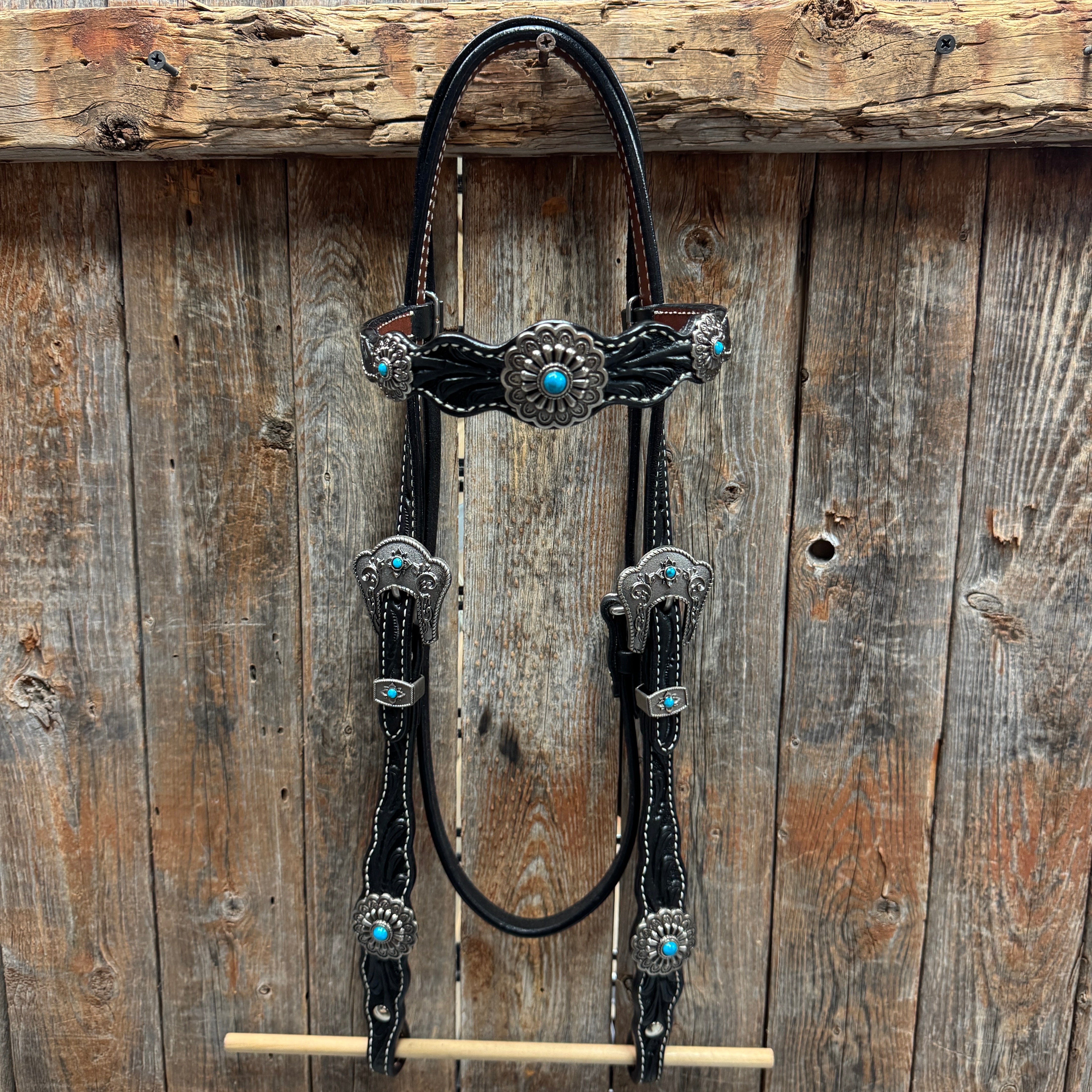 Black Floral Antique Silver Turquoise Browband/One Ear Tack Set #BBBC489