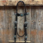 Black Floral Antique Silver Turquoise Browband/One Ear Tack Set #BBBC489