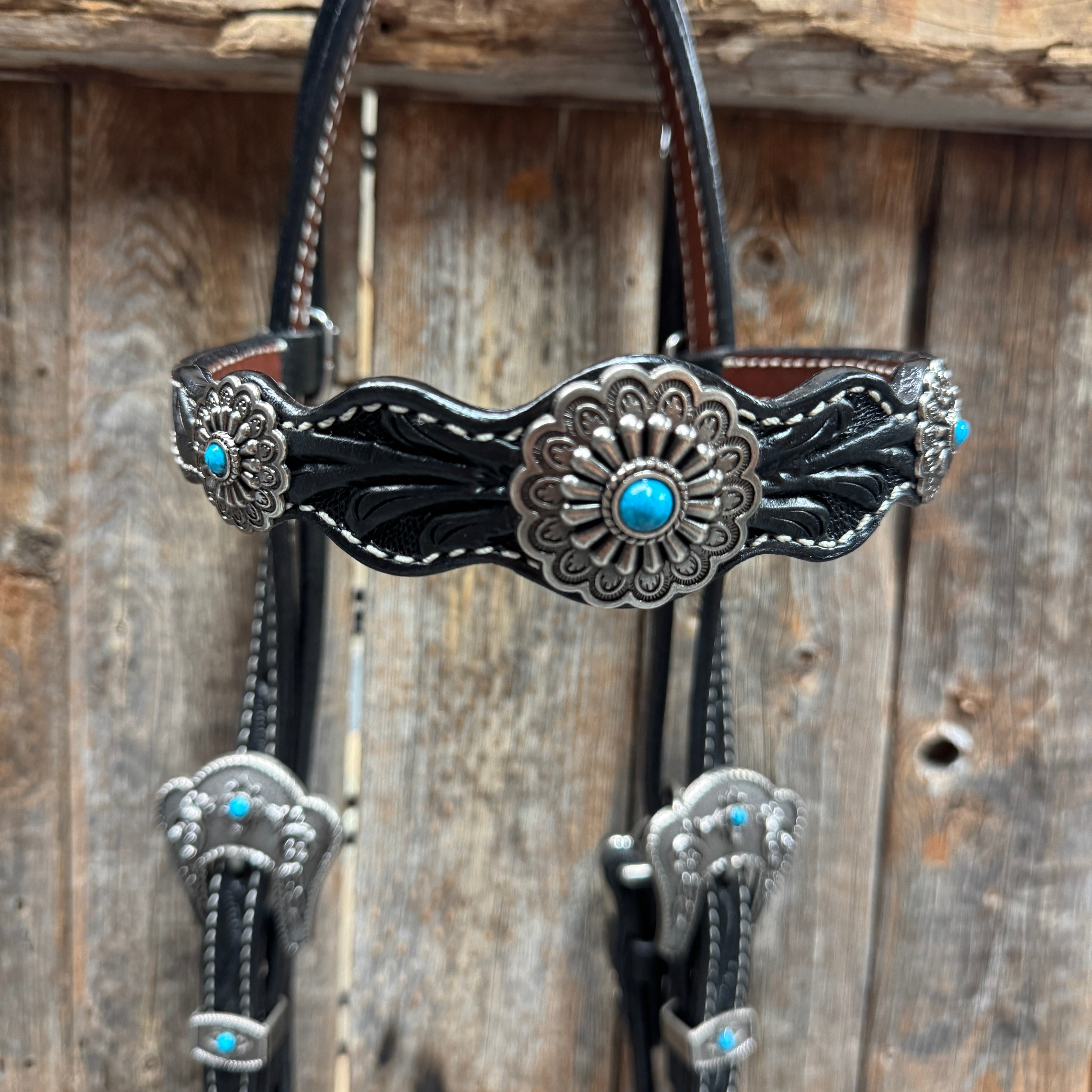 Black Floral Antique Silver Turquoise Browband/One Ear Tack Set #BBBC489