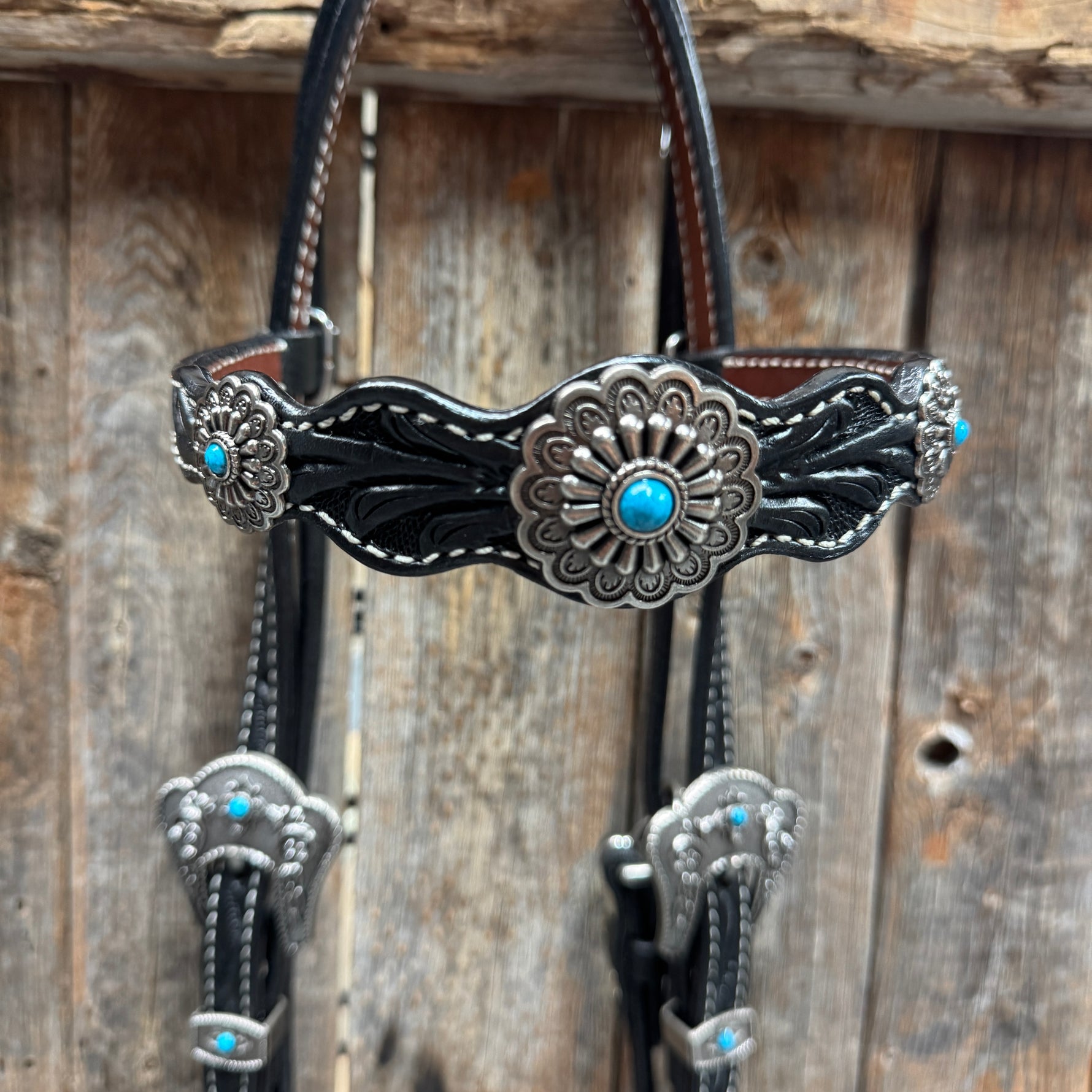 Black Floral Antique Silver Turquoise Browband/One Ear Tack Set #BBBC489