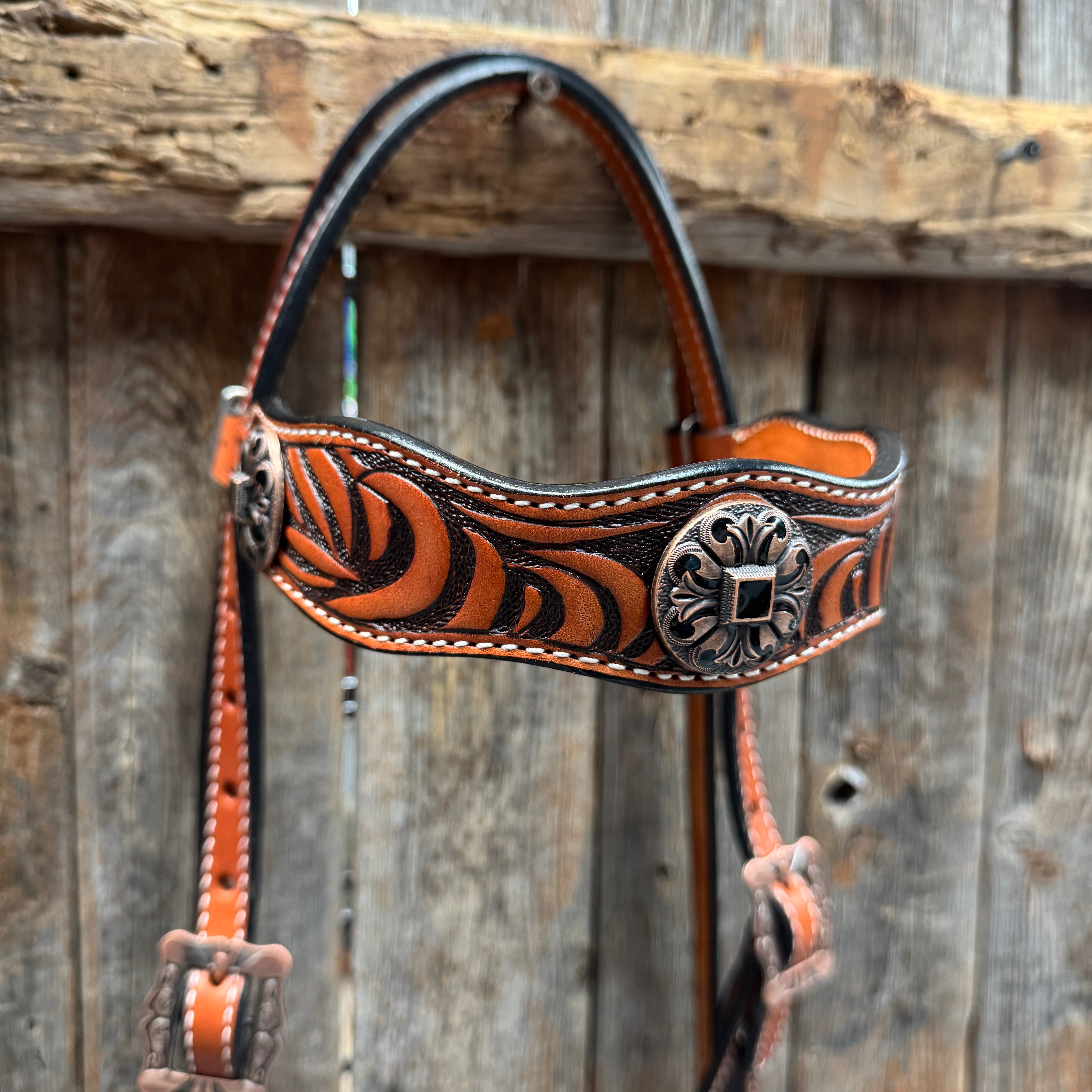 Zebra and Copper Fleur De Lis Browband/One Ear Tack Set #BBBC494