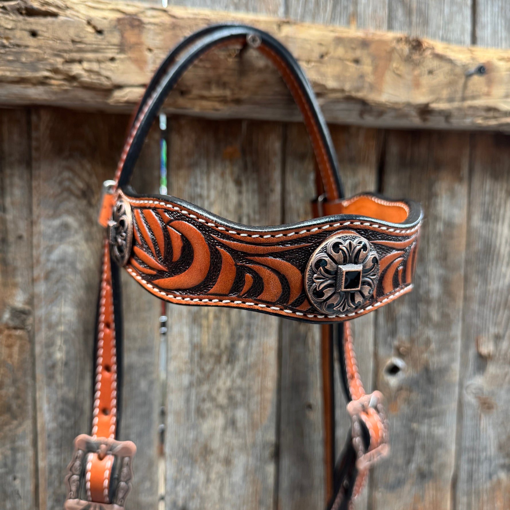 Zebra and Copper Fleur De Lis Browband/One Ear Tack Set #BBBC494