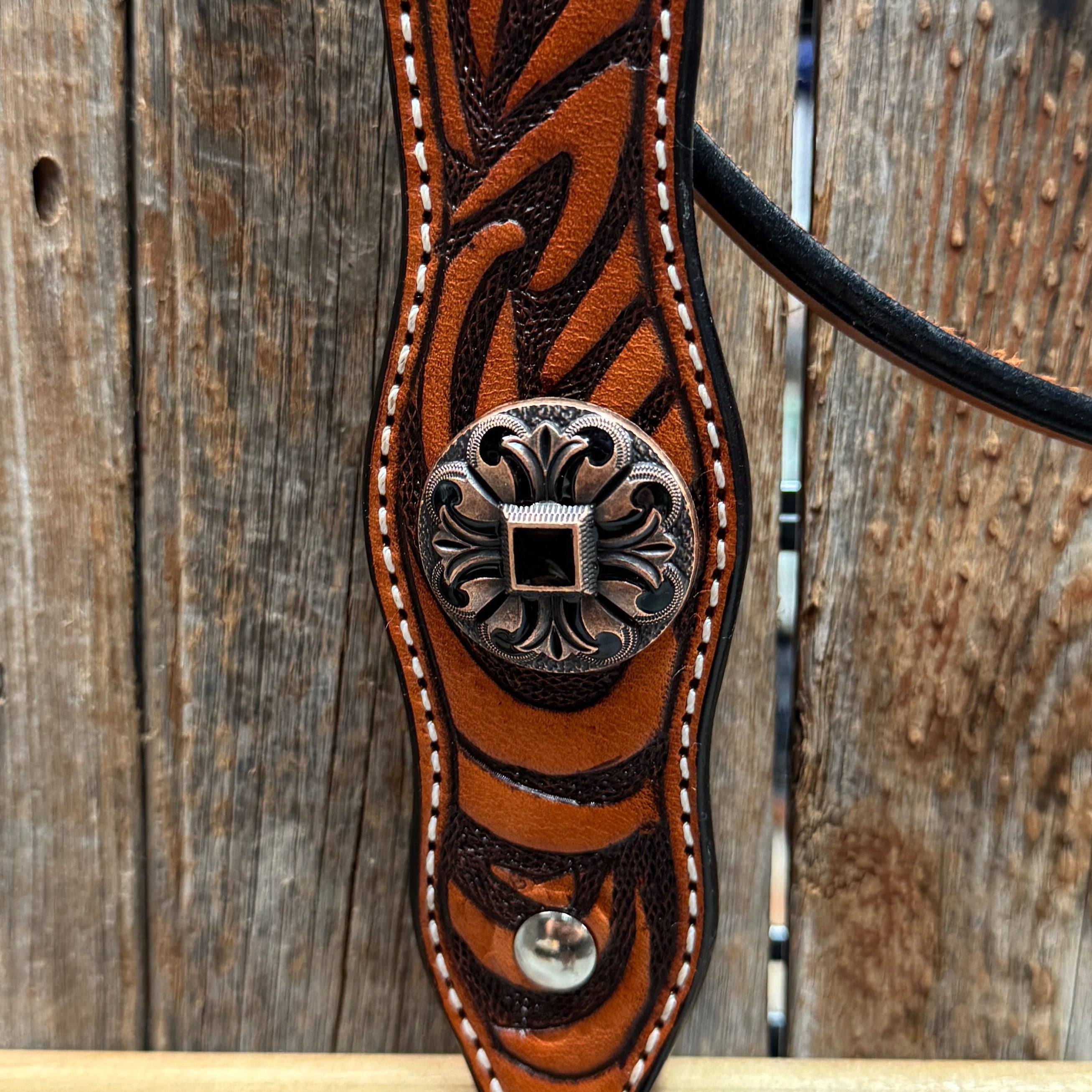 Zebra and Copper Fleur De Lis Browband/One Ear Tack Set #BBBC494