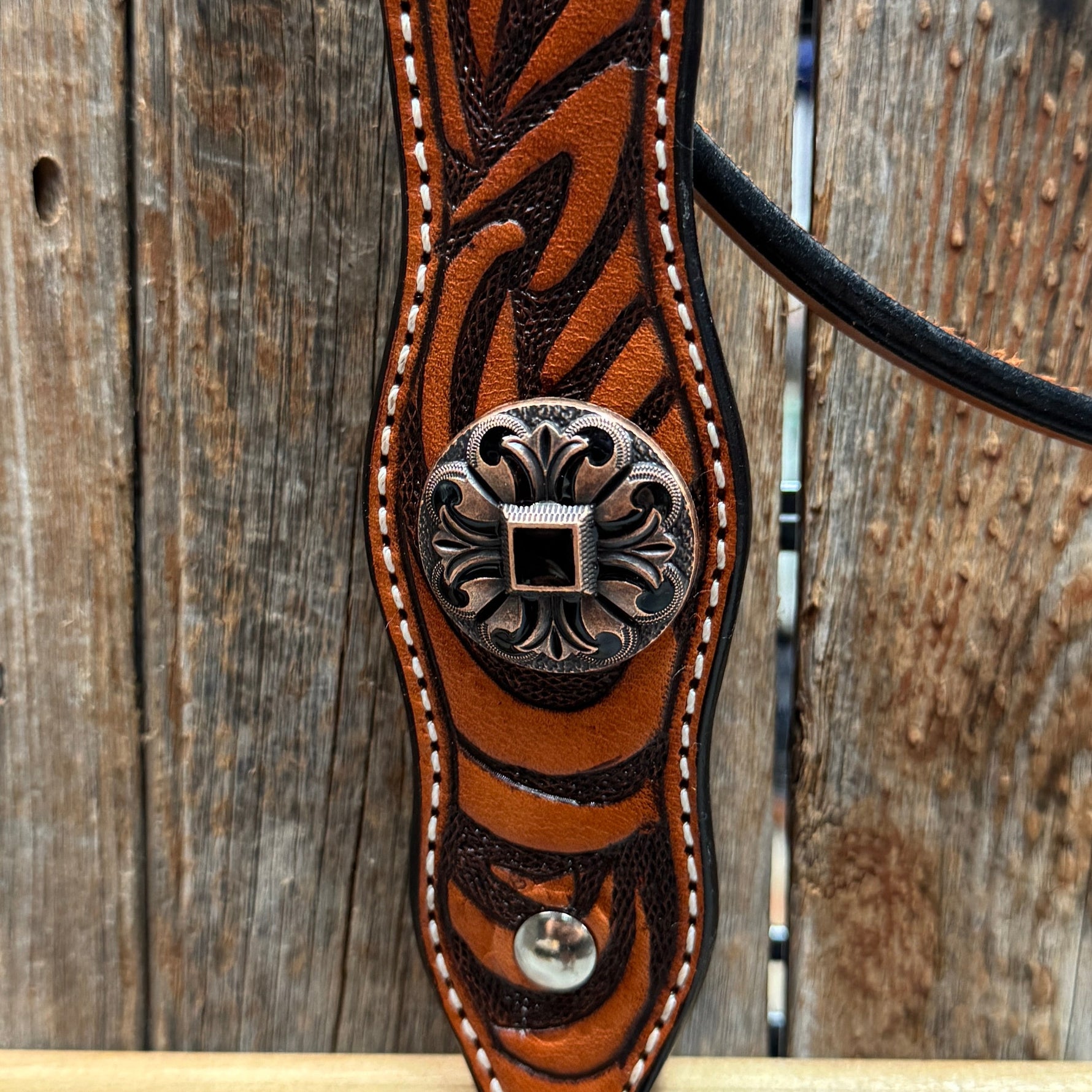 Zebra and Copper Fleur De Lis Browband/One Ear Tack Set #BBBC494