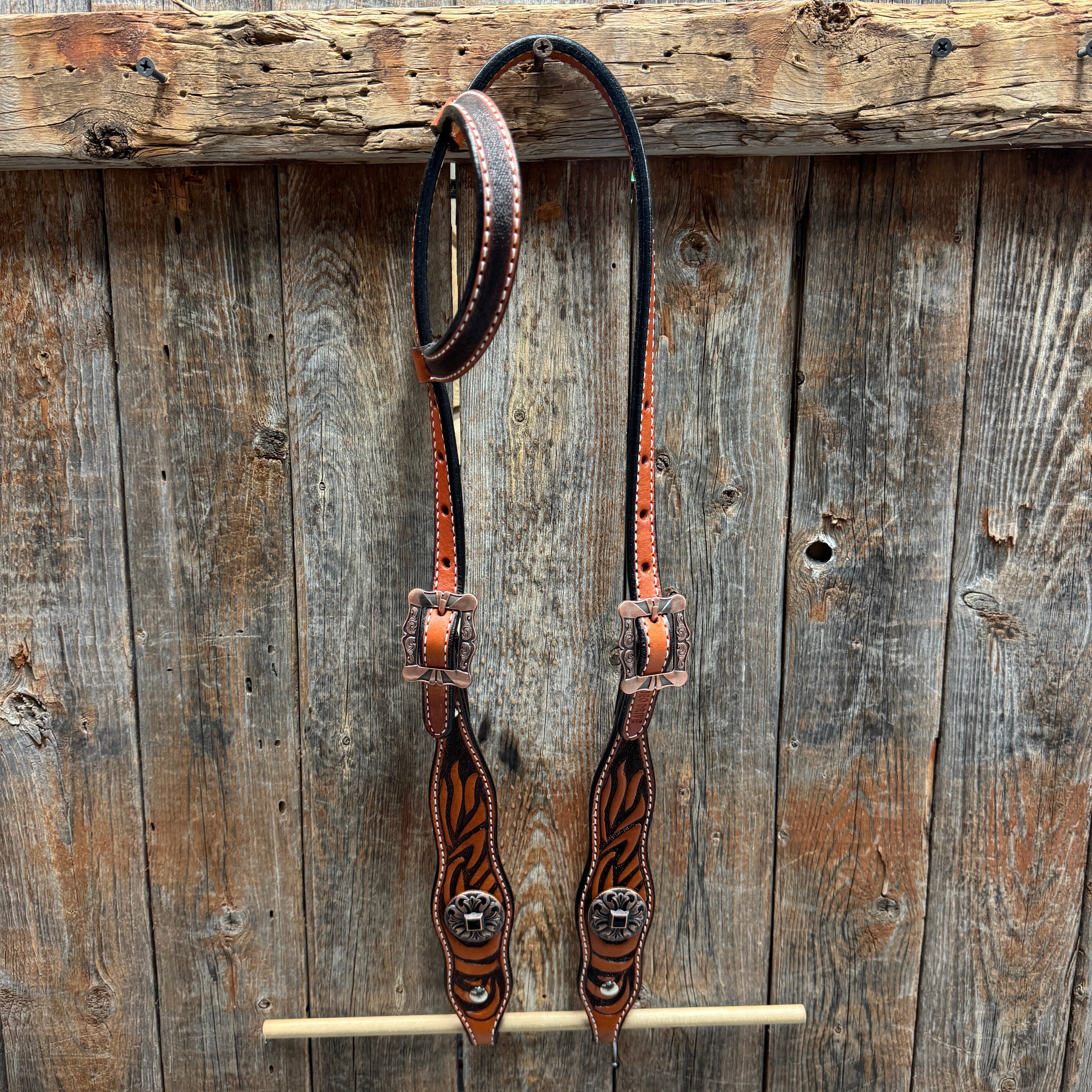 Zebra and Copper Fleur De Lis Browband/One Ear Tack Set #BBBC494