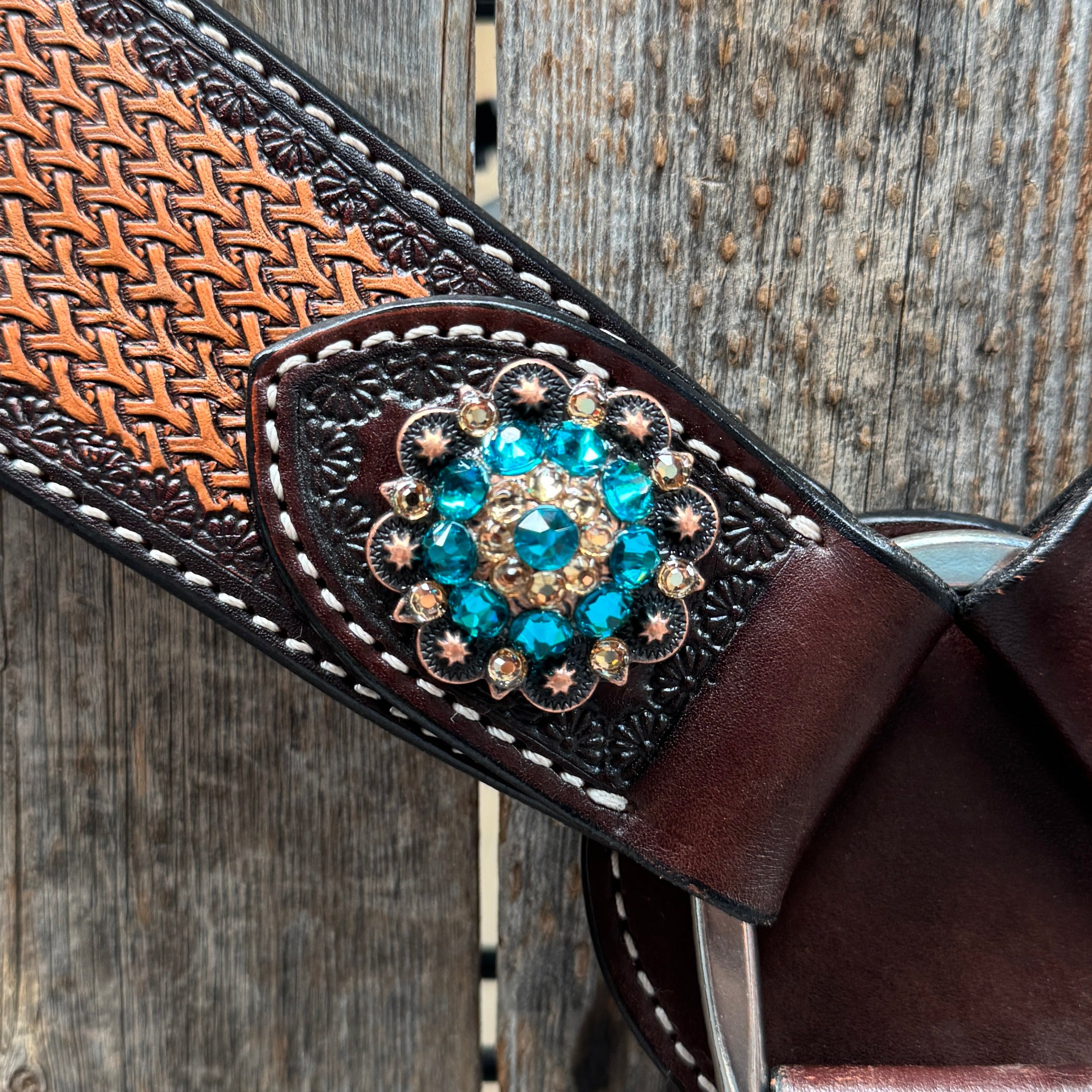 Foxtail Teal/Champagne Browband, One Ear & Breastcollar Tack Set #BBBC493