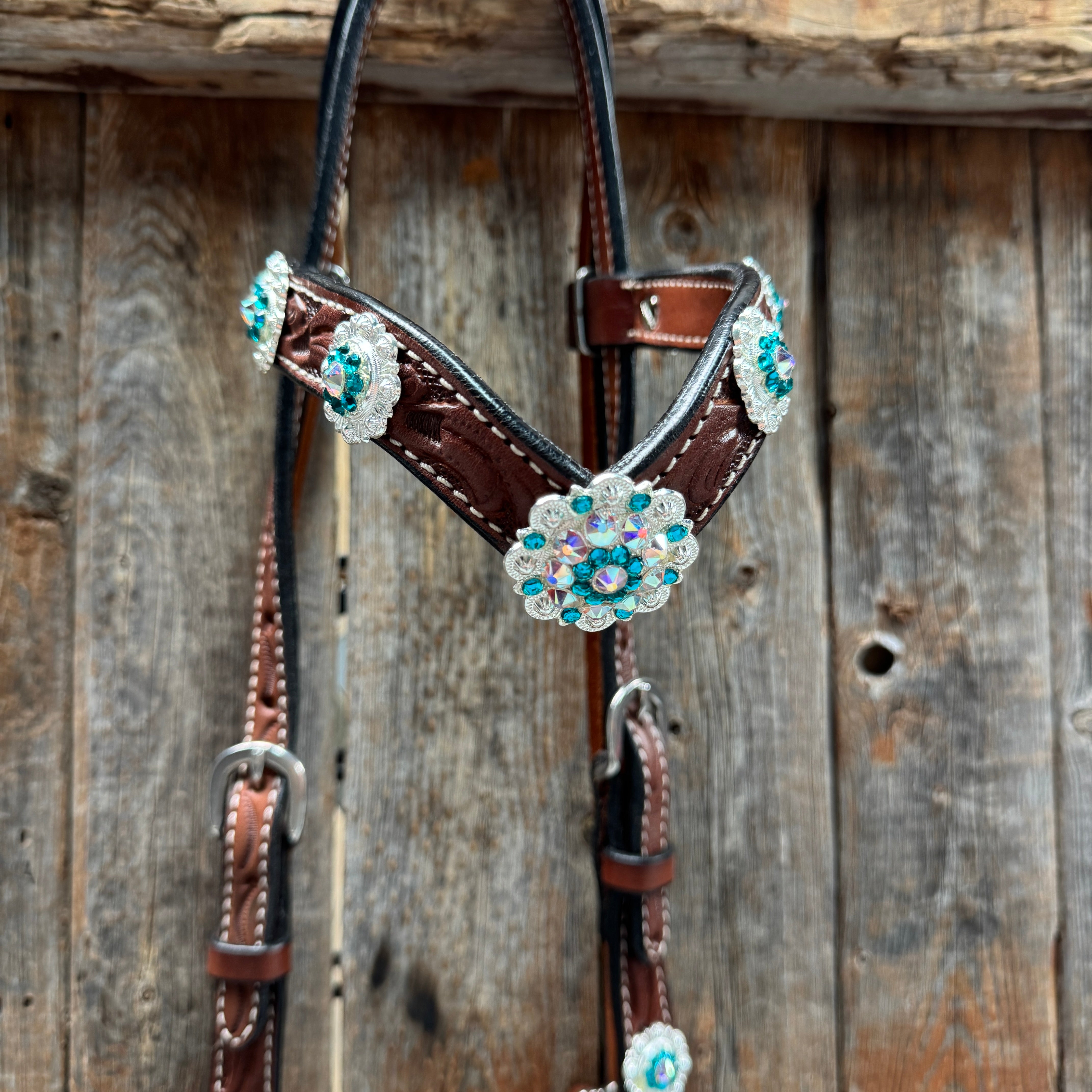 Medium Oil Floral AB - Teal Browband / Breastcollar Tack Set #BBBC496