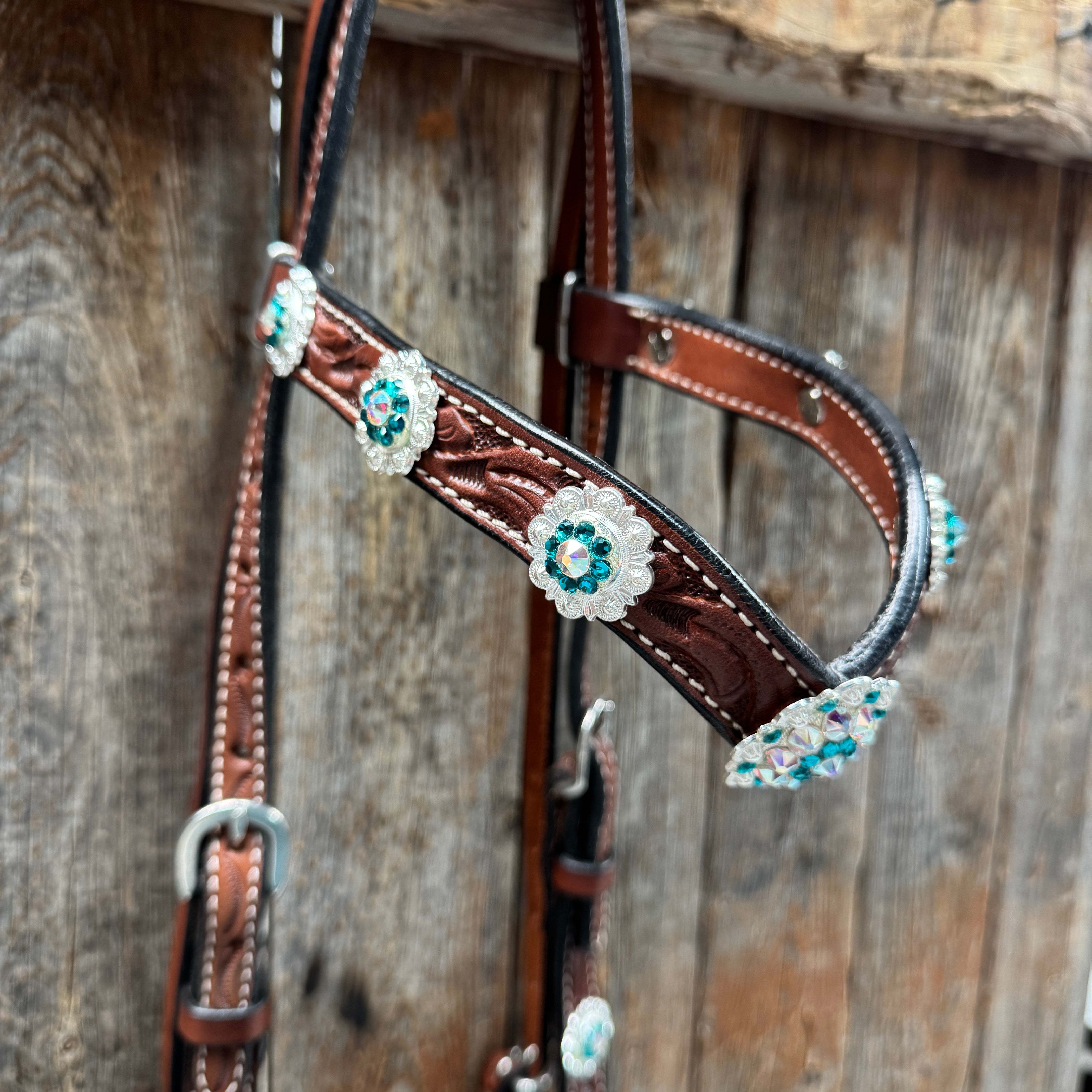 Medium Oil Floral AB - Teal Browband / Breastcollar Tack Set #BBBC496