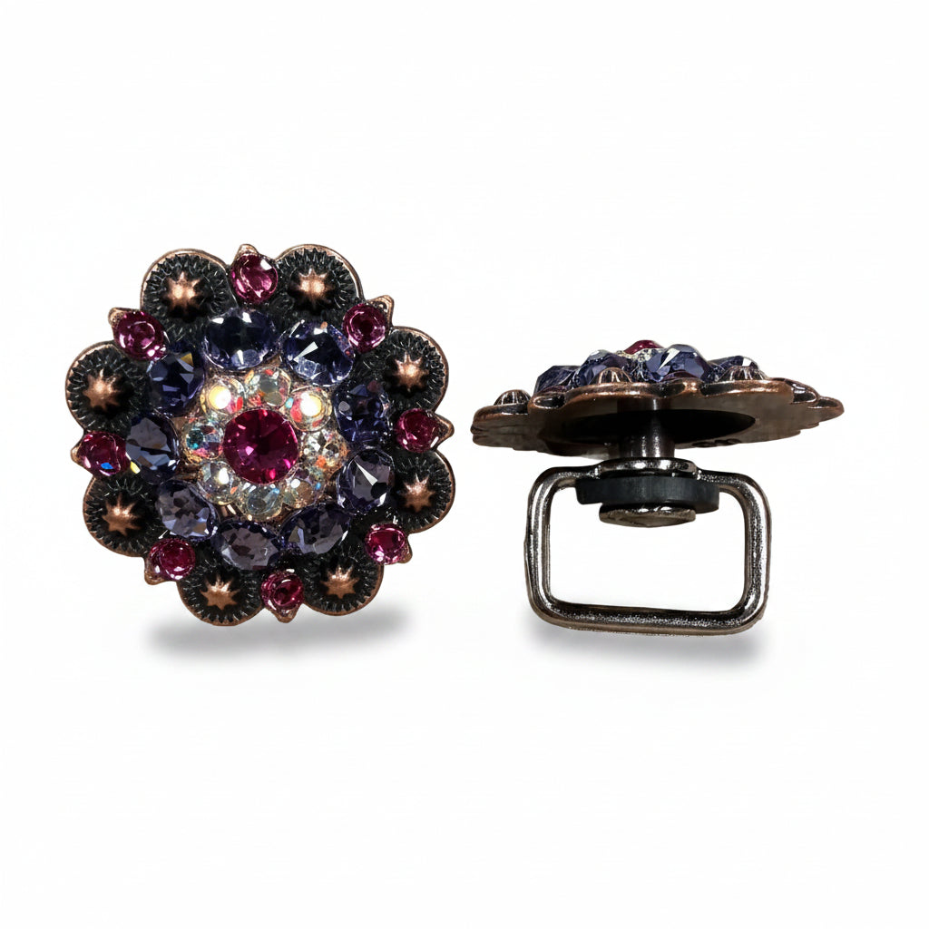 Copper Fuchsia - AB - Lilac Crystal Conchos | Sizes 1"- 3" | Buckles | Saddle Set | Leather Rosettes | Slide