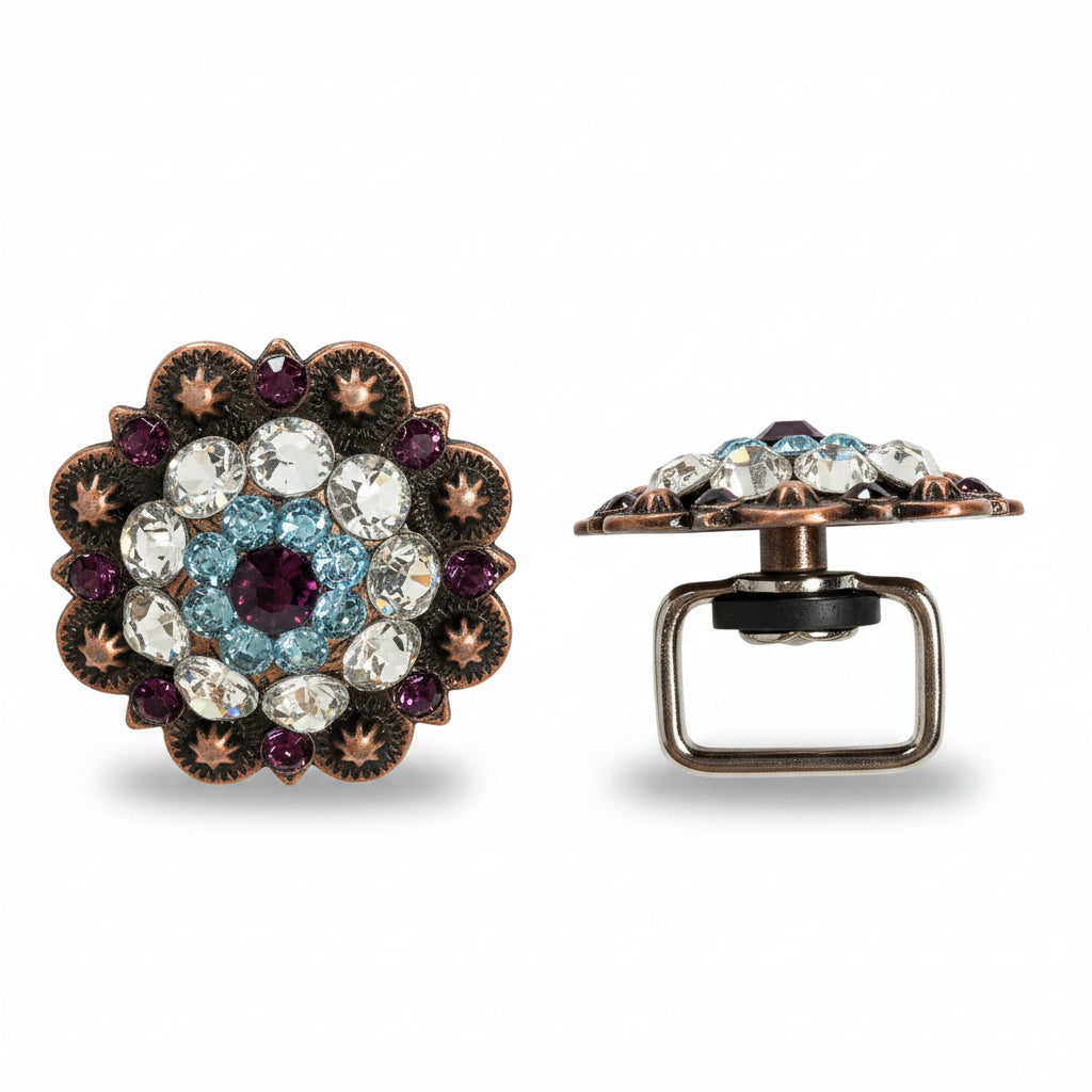 Copper Amethyst - Aqua - Clear Crystal Conchos | Sizes 1"- 3" | Buckles | Saddle Set | Leather Rosettes | Slide
