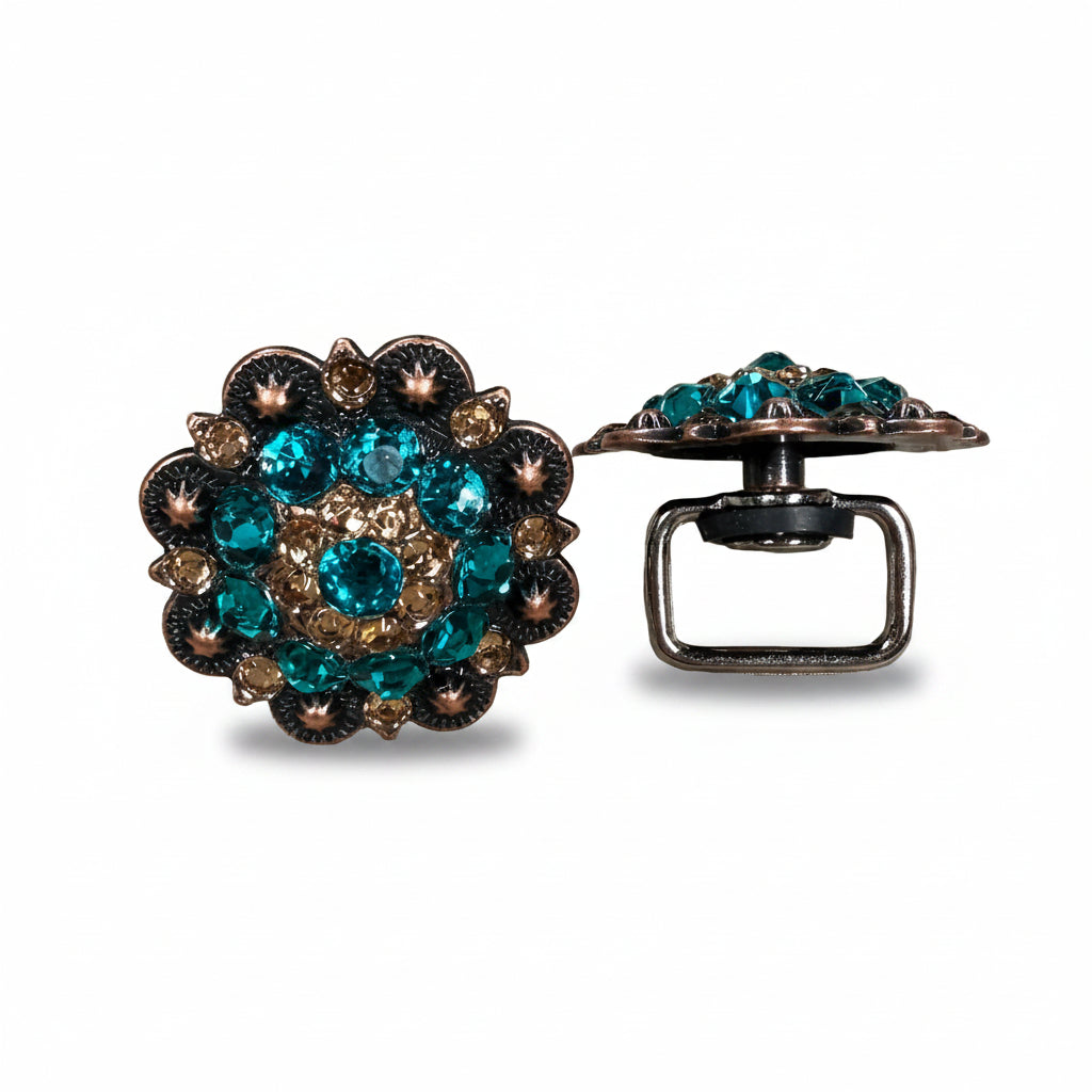 Copper Teal - Champagne Crystal Conchos | Sizes 1"- 3" | Buckles | Saddle Set | Leather Rosettes | Slide