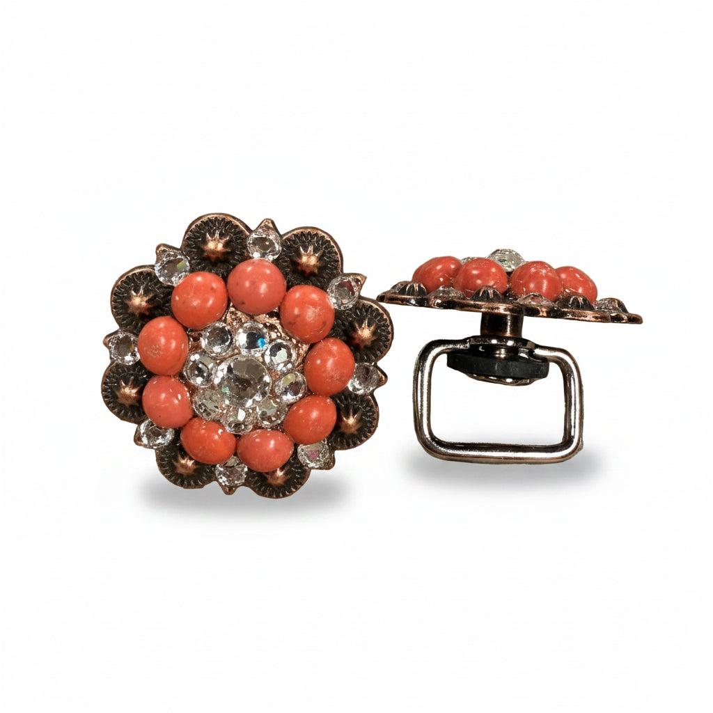 Copper Coral - Clear Crystal Conchos | Sizes 1"- 3" | Buckles | Saddle Set | Leather Rosettes | Slide