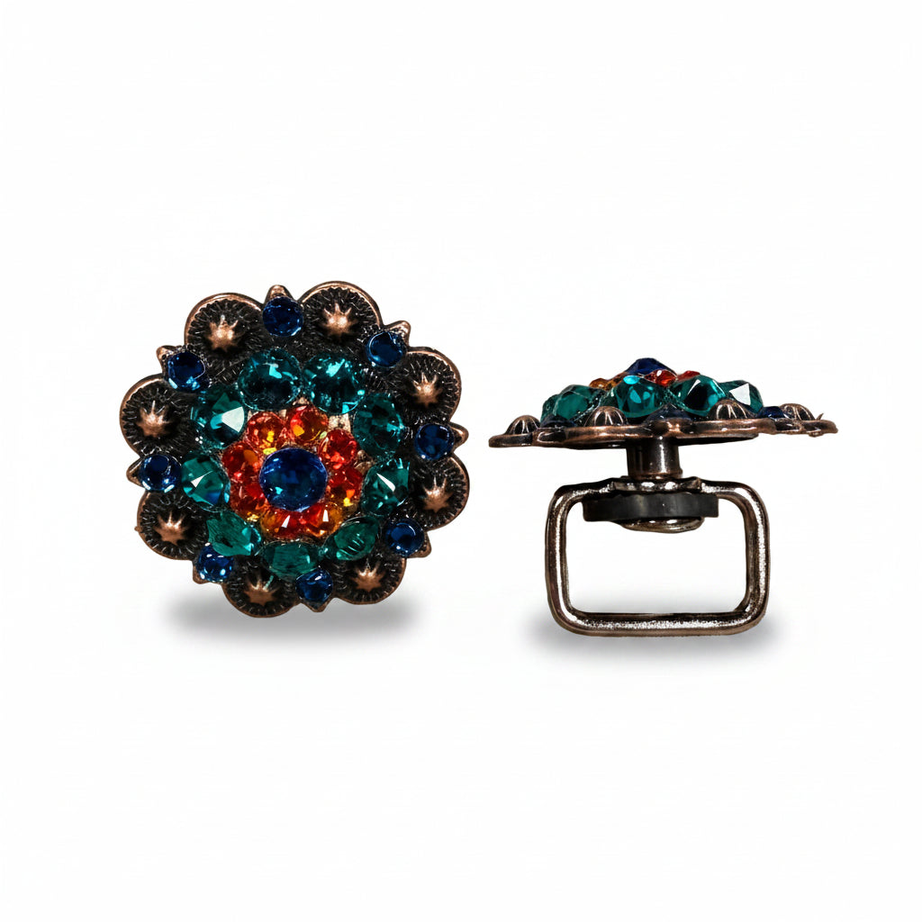 Copper Capri - Fire Opal - Teal Crystal Conchos | Sizes 1"- 3" | Buckles | Saddle Set | Leather Rosettes | Slide