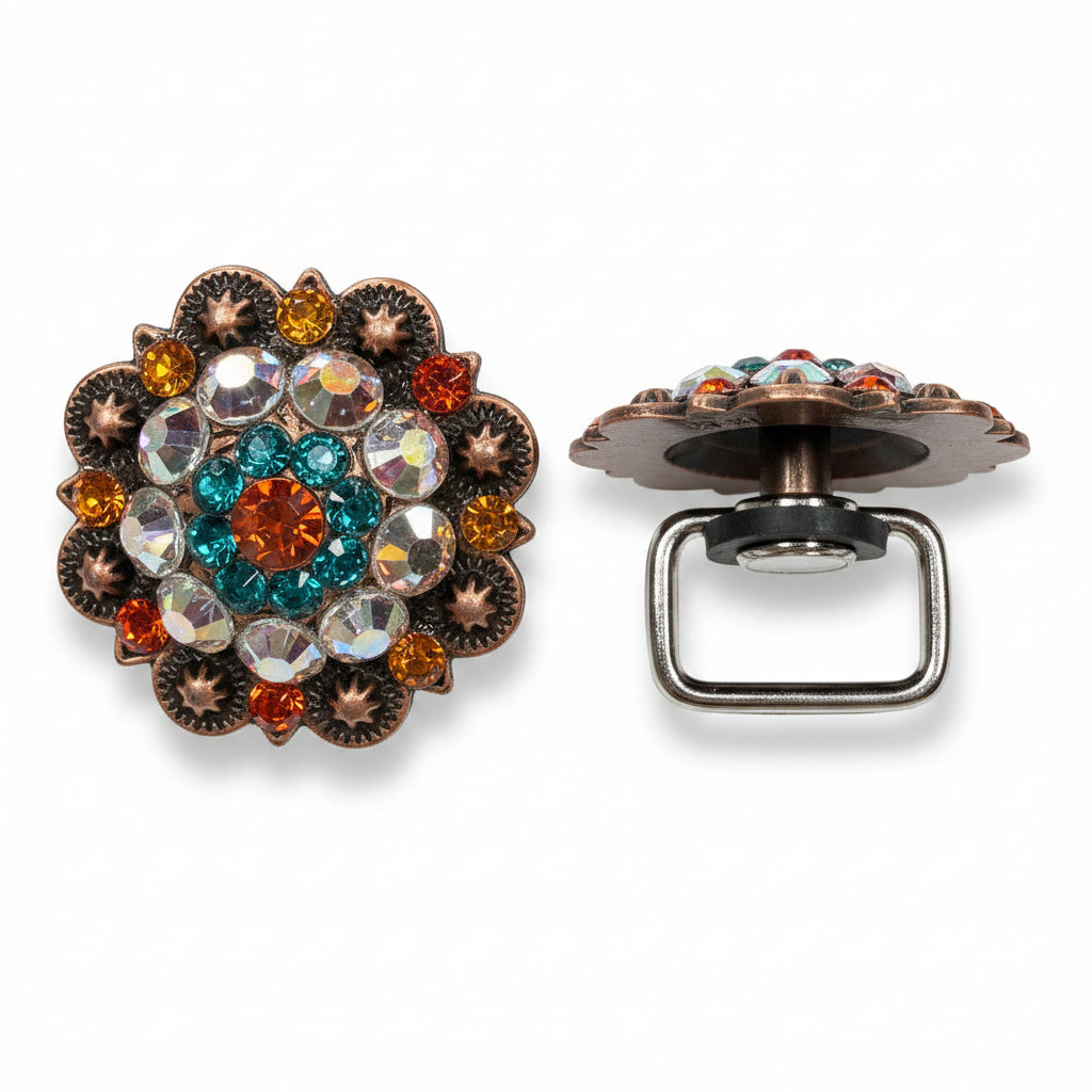 Copper Fire Opal - Teal - AB Crystal Conchos | Sizes 1"- 3" | Buckles | Saddle Set | Leather Rosettes | Slide