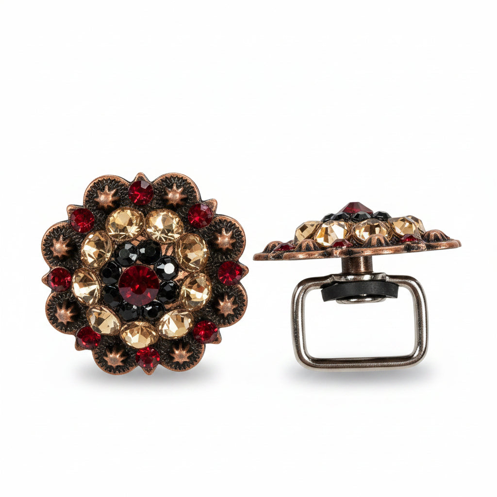 Copper Ruby - Jet - Champagne Crystal Conchos | Sizes 1"- 3" | Buckles | Saddle Set | Leather Rosettes | Slide