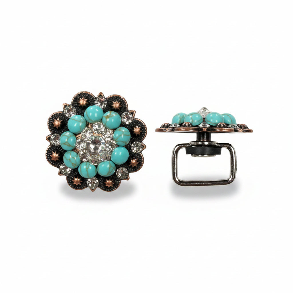 Copper Turquoise - Clear Crystal Conchos | Sizes 1"- 3" | Buckles | Saddle Set | Leather Rosettes | Slide