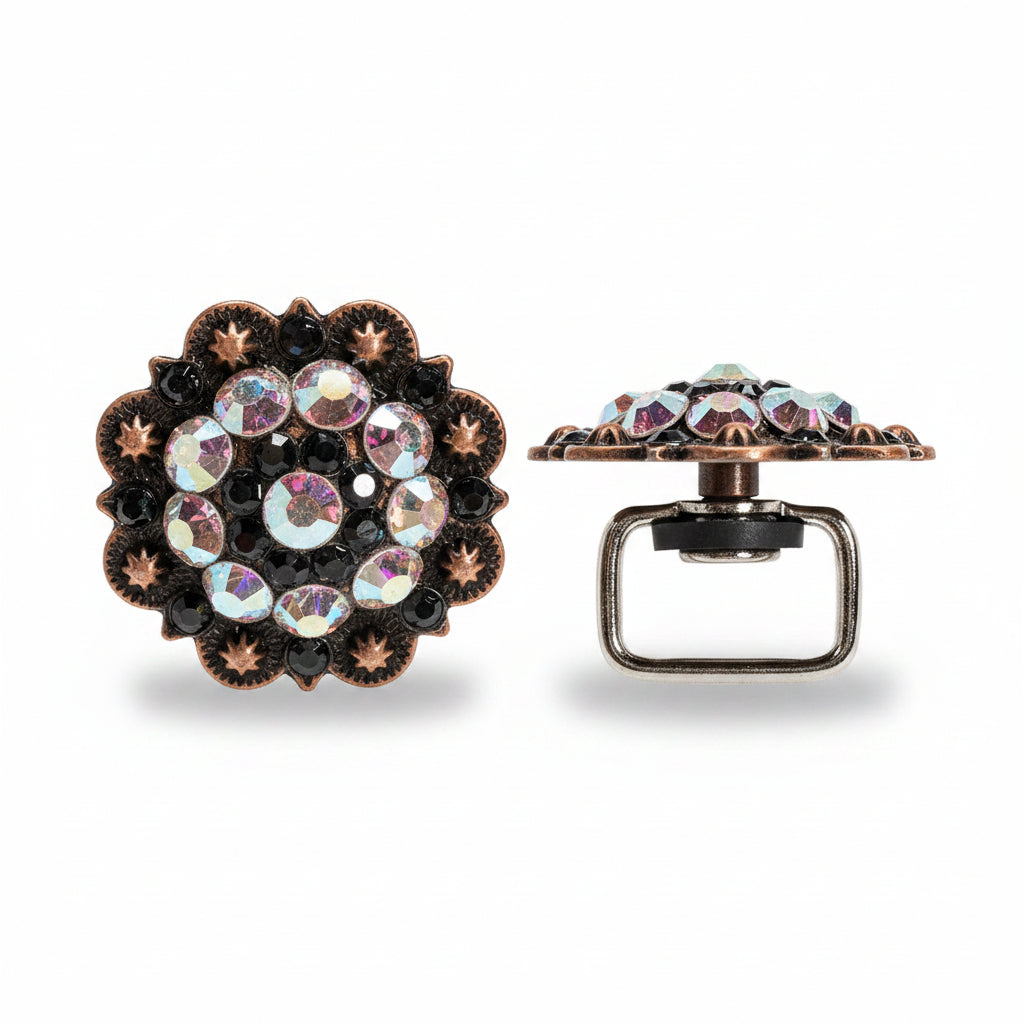 Copper Jet - AB Crystal Conchos | Sizes 1"- 3" | Buckles | Saddle Set | Leather Rosettes | Slide