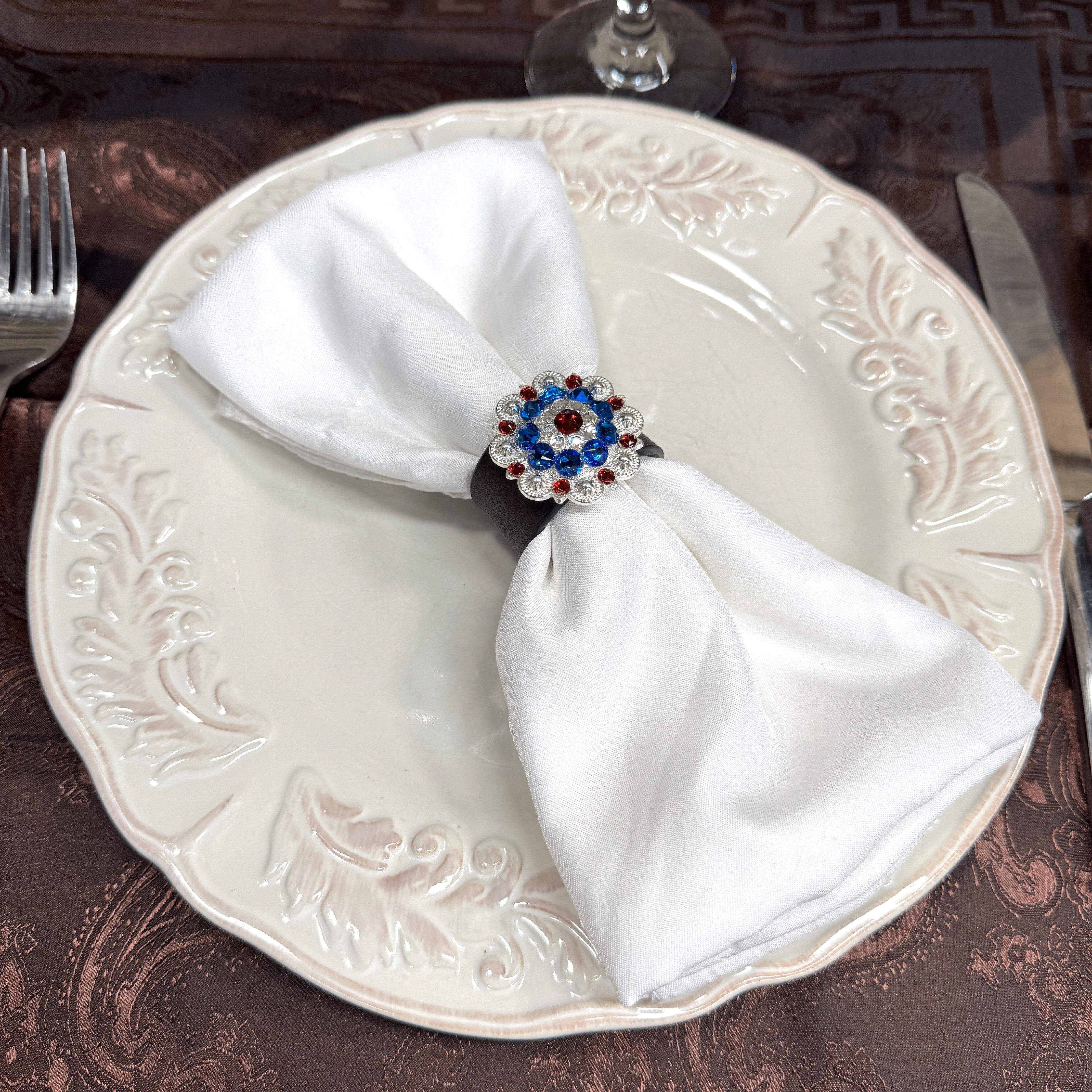 Bright Silver Red/White/Blue Crystal Concho Napkin Ring #CNR103