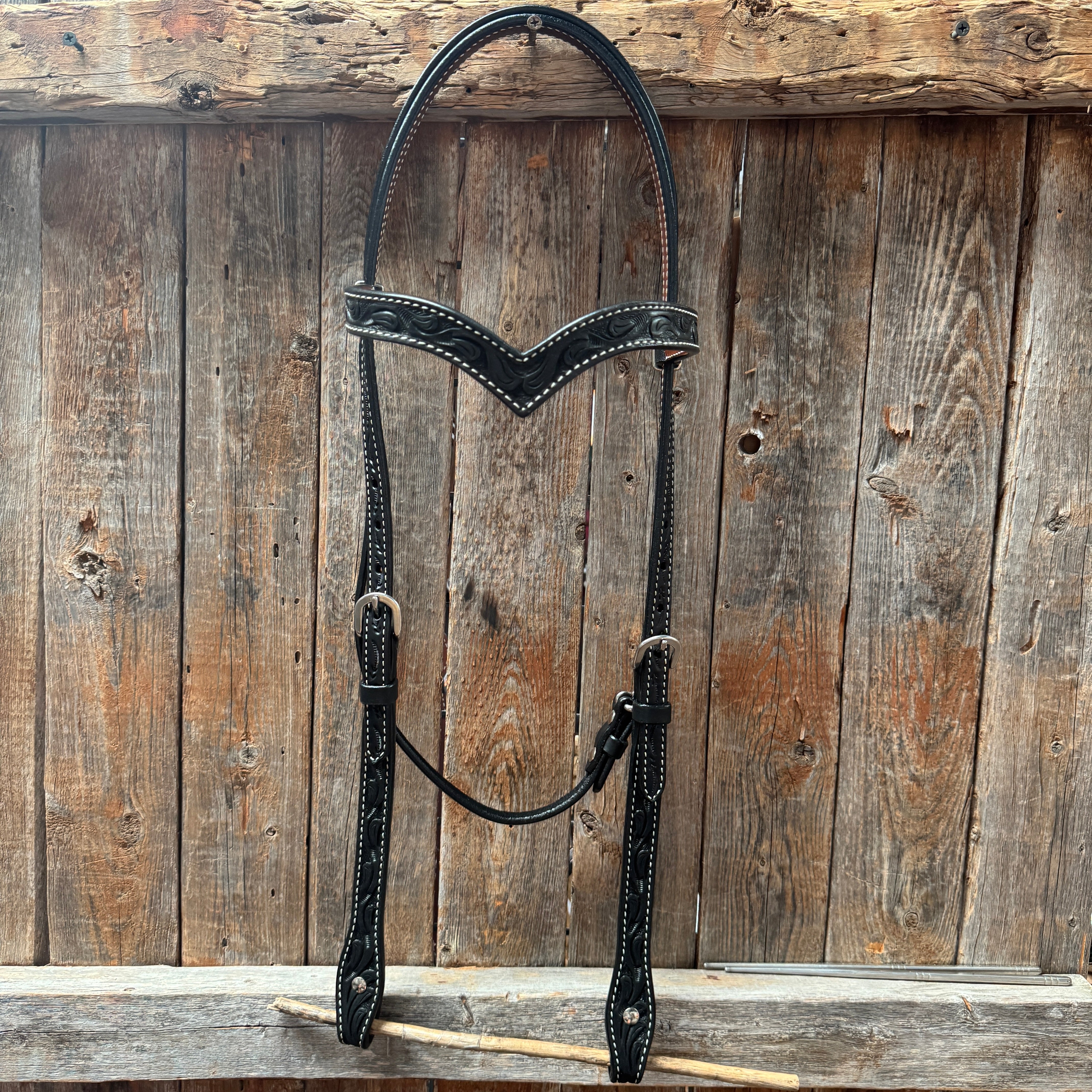 Floral V Browband Black Draft Headstall / Bridle