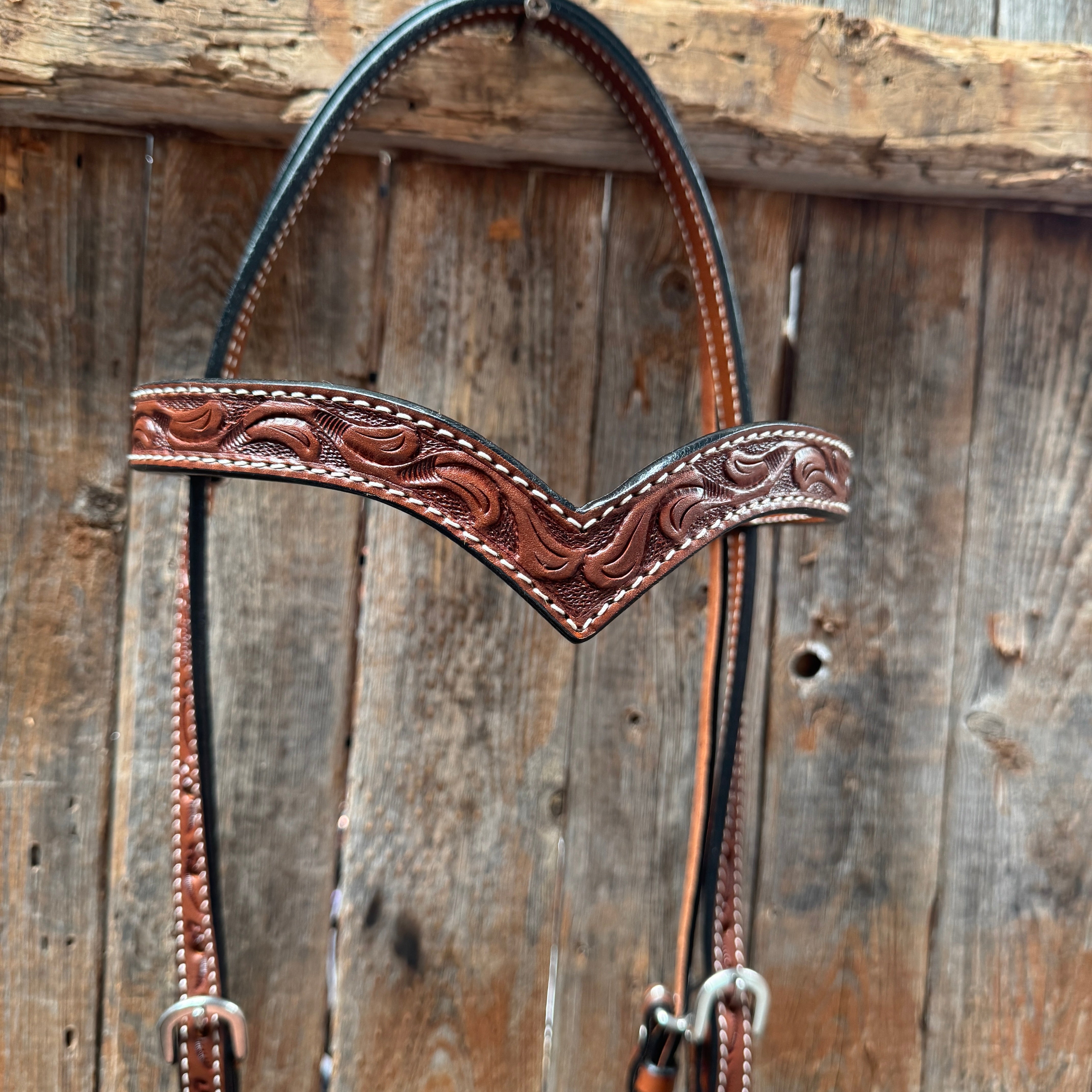 Floral V Browband Medium Oil Draft Headstall / Bridle