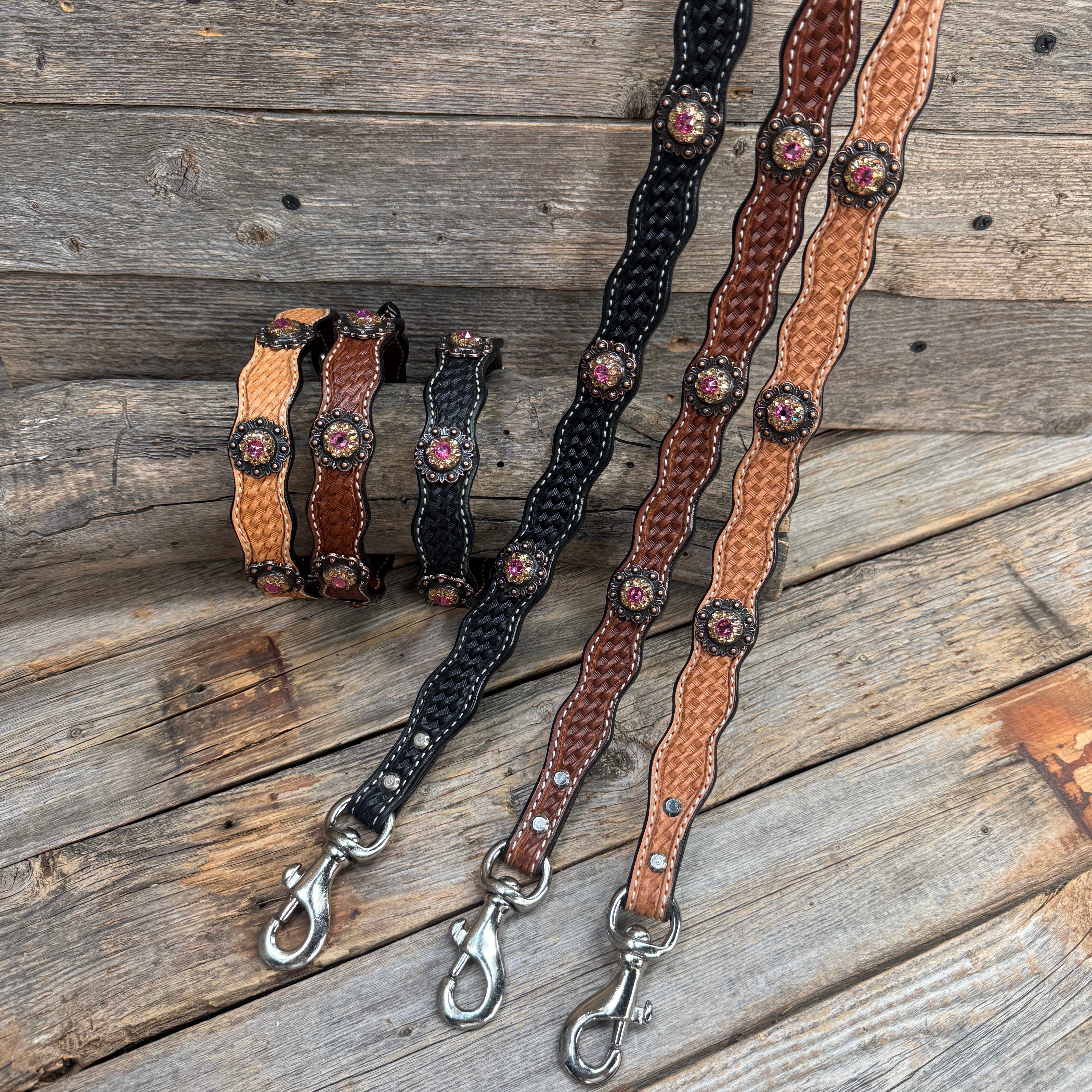 Genuine Leather  Dog Collar or Leash With Copper Pink and Champagne Conchos 10" to 22" orDC36