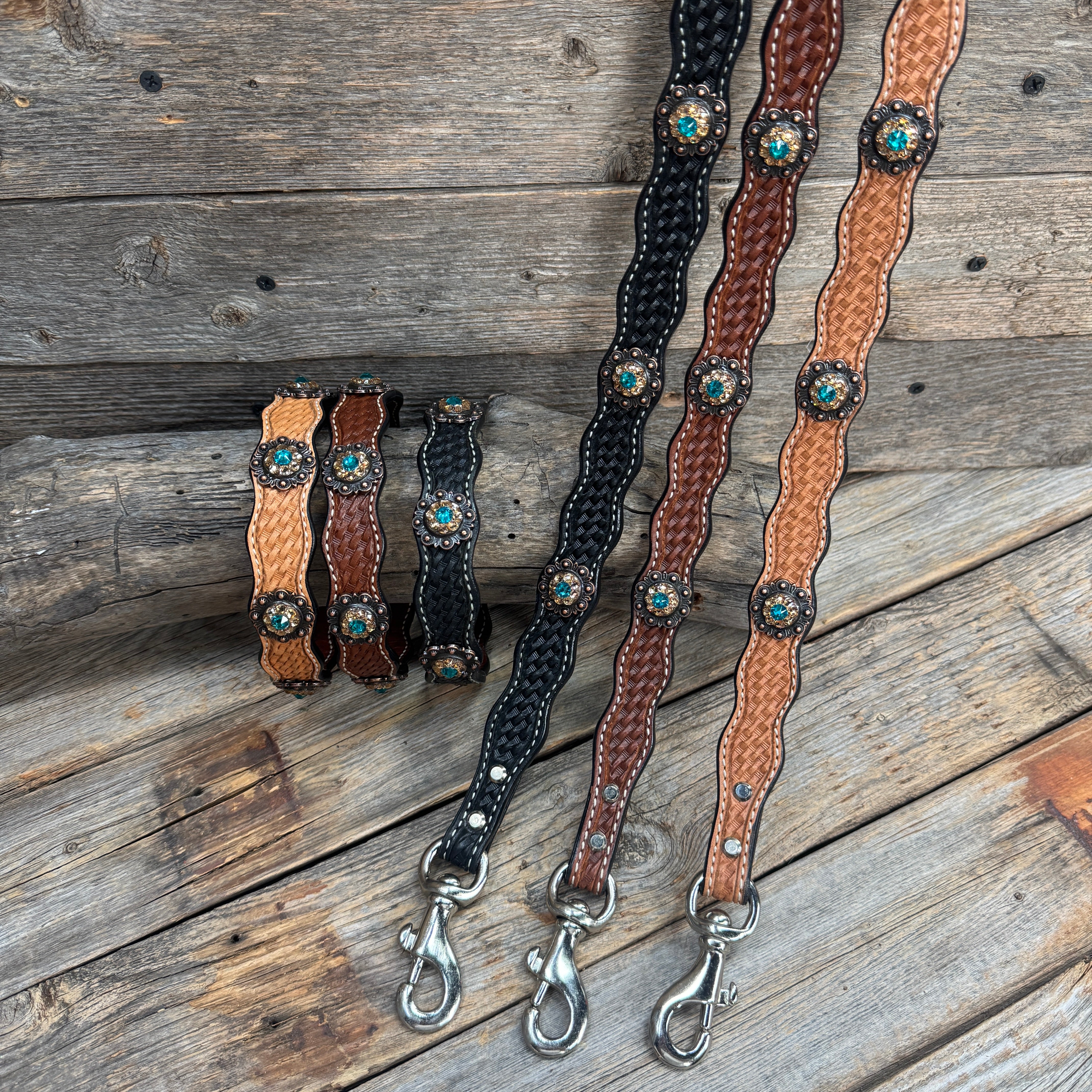 Genuine Leather Dog Collar or Leash  With Copper Teal and Champagne Conchos 10" to 22" orDC24