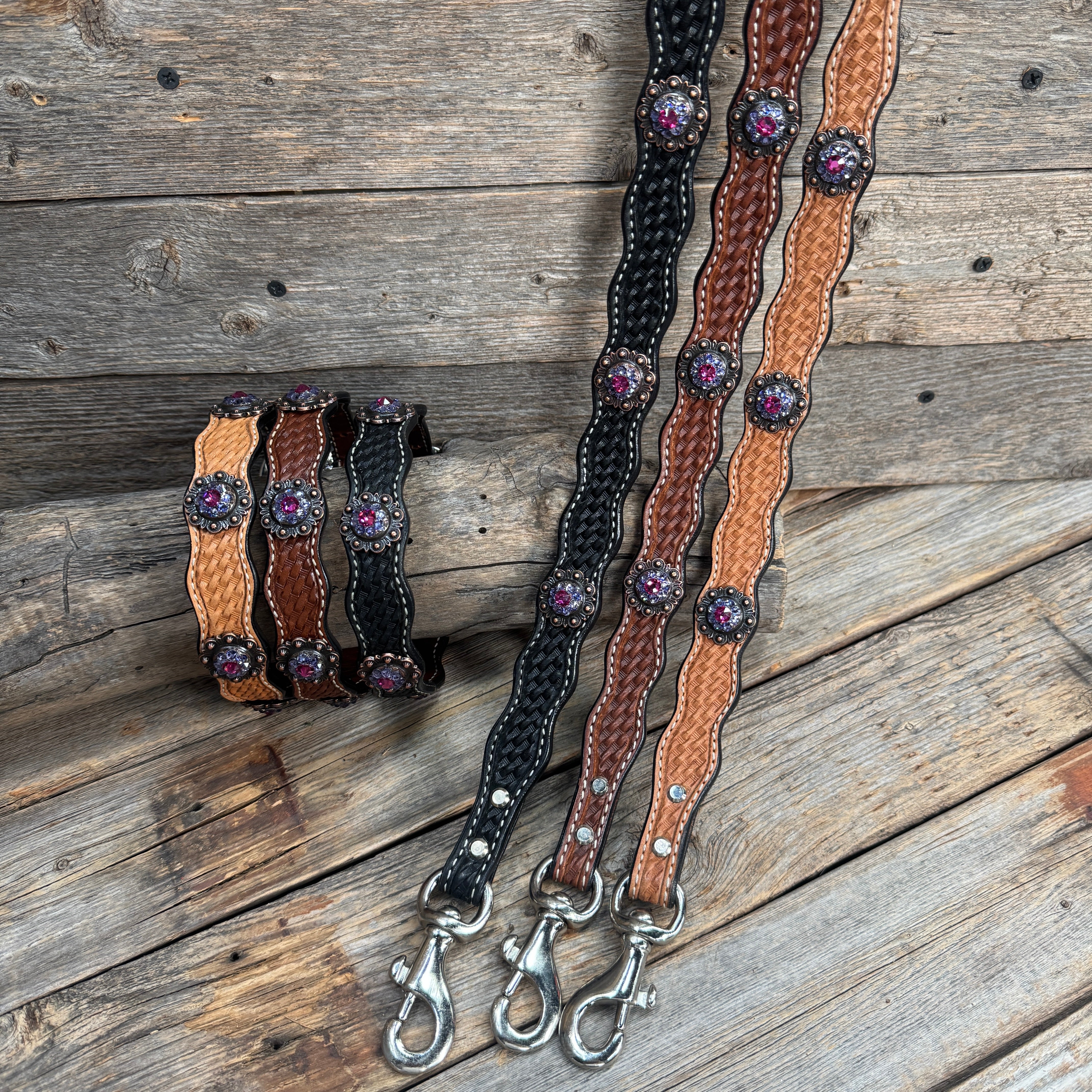 Genuine Leather Dog Collar or Leash With Copper Fuchsia and Lilac Conchos 10" to 22" orDC35