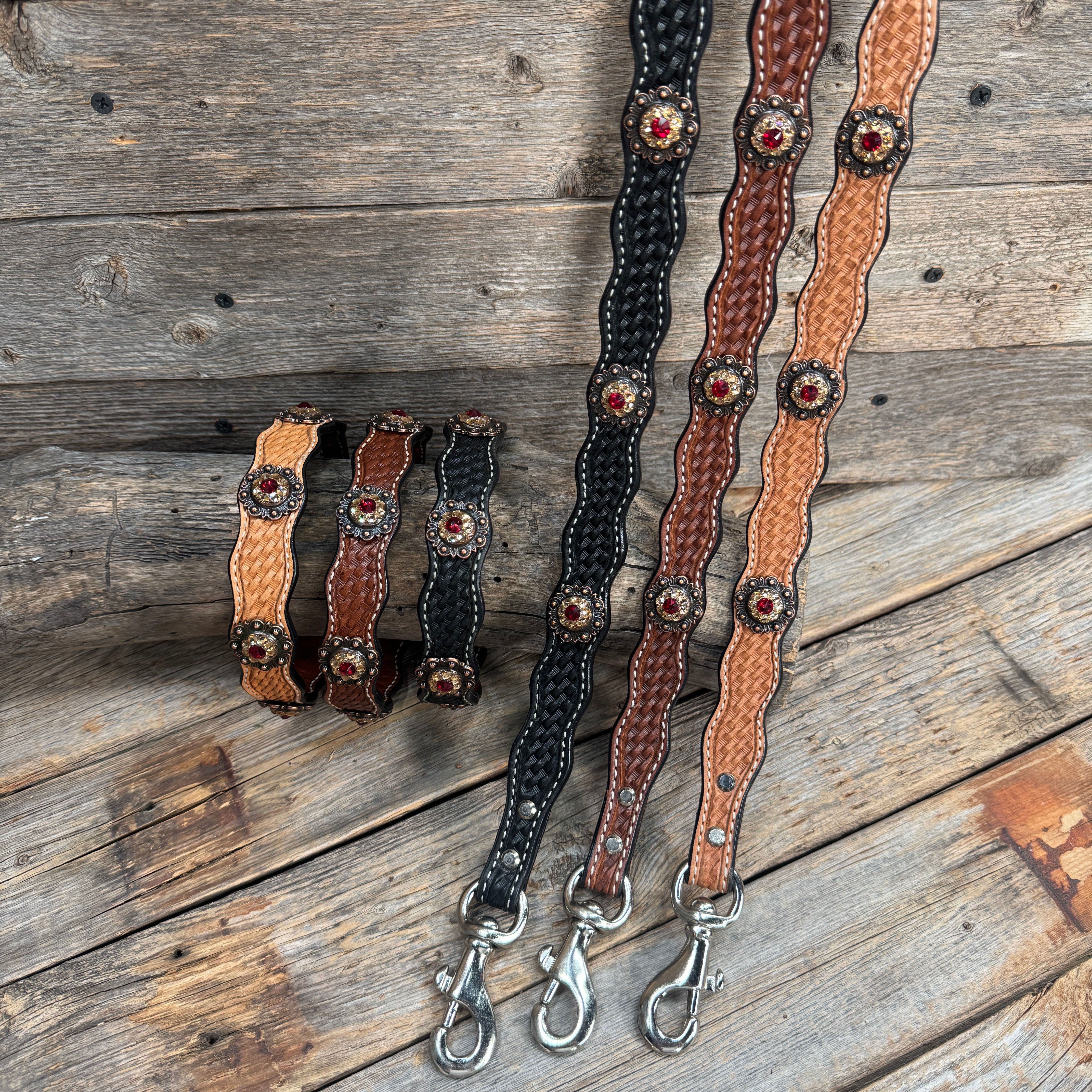 Genuine Leather Dog Collar or Leash With Copper Ruby and Champagne Conchos 10" to 22" orDC38