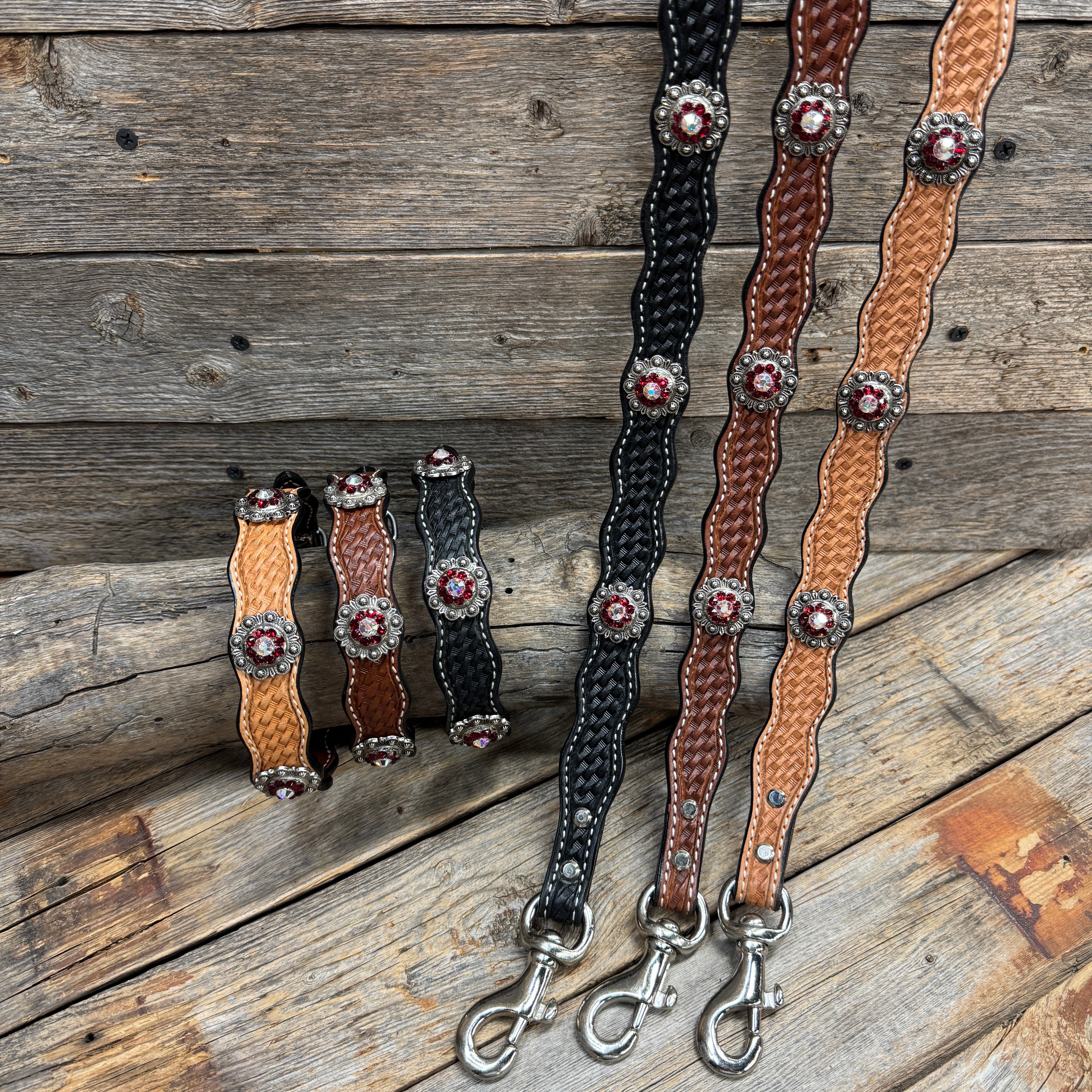 Genuine Leather Dog Collar or Leash With Antique Silver Ruby and AB Conchos 10" to 22" orDC41