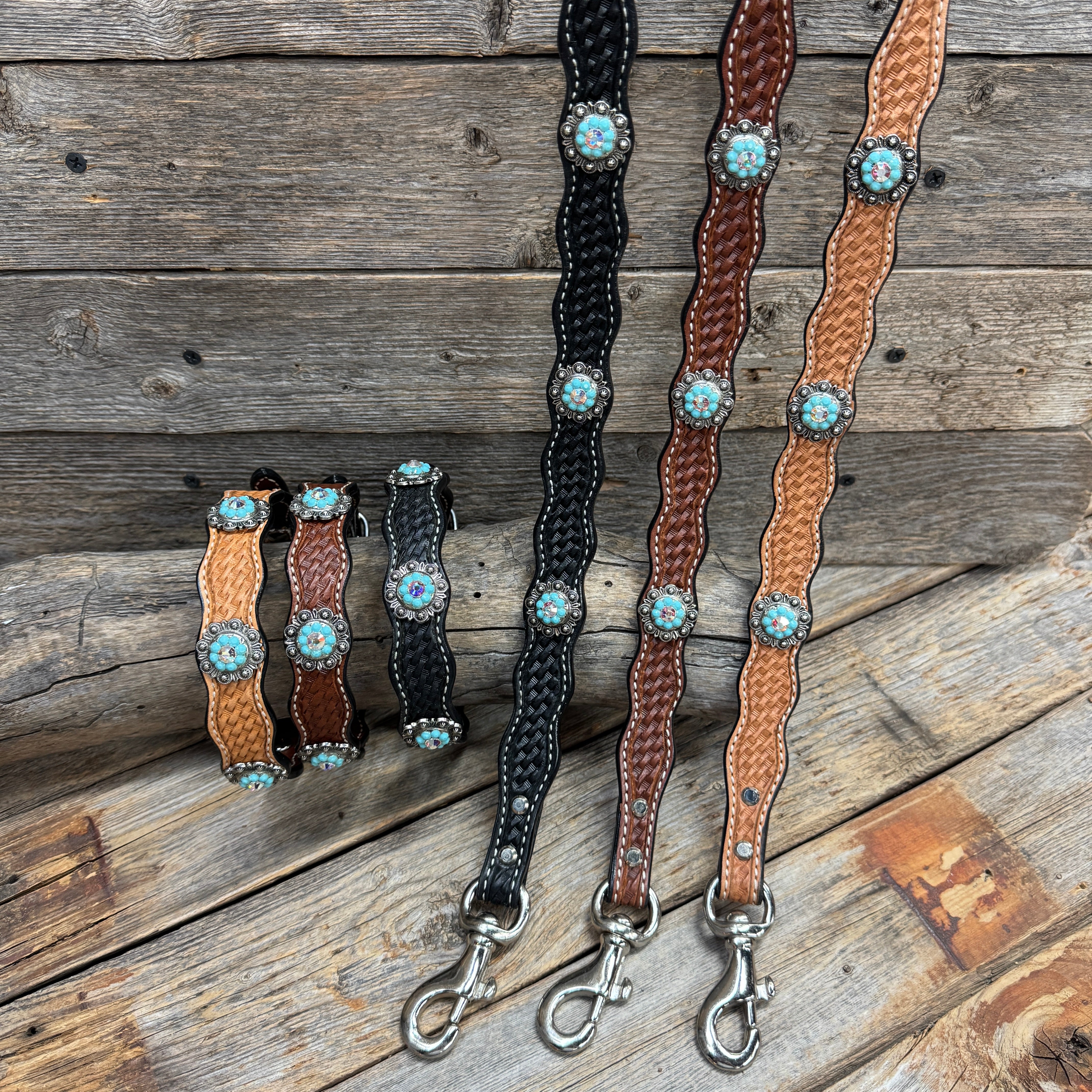 Genuine Leather Dog Collar or Leash With Antique Silver Turquoise and AB Conchos 10" to 22" orDC5