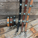 Genuine Leather Dog Collar or Leash With Antique Silver Turquoise and AB Conchos 10" to 22" orDC5