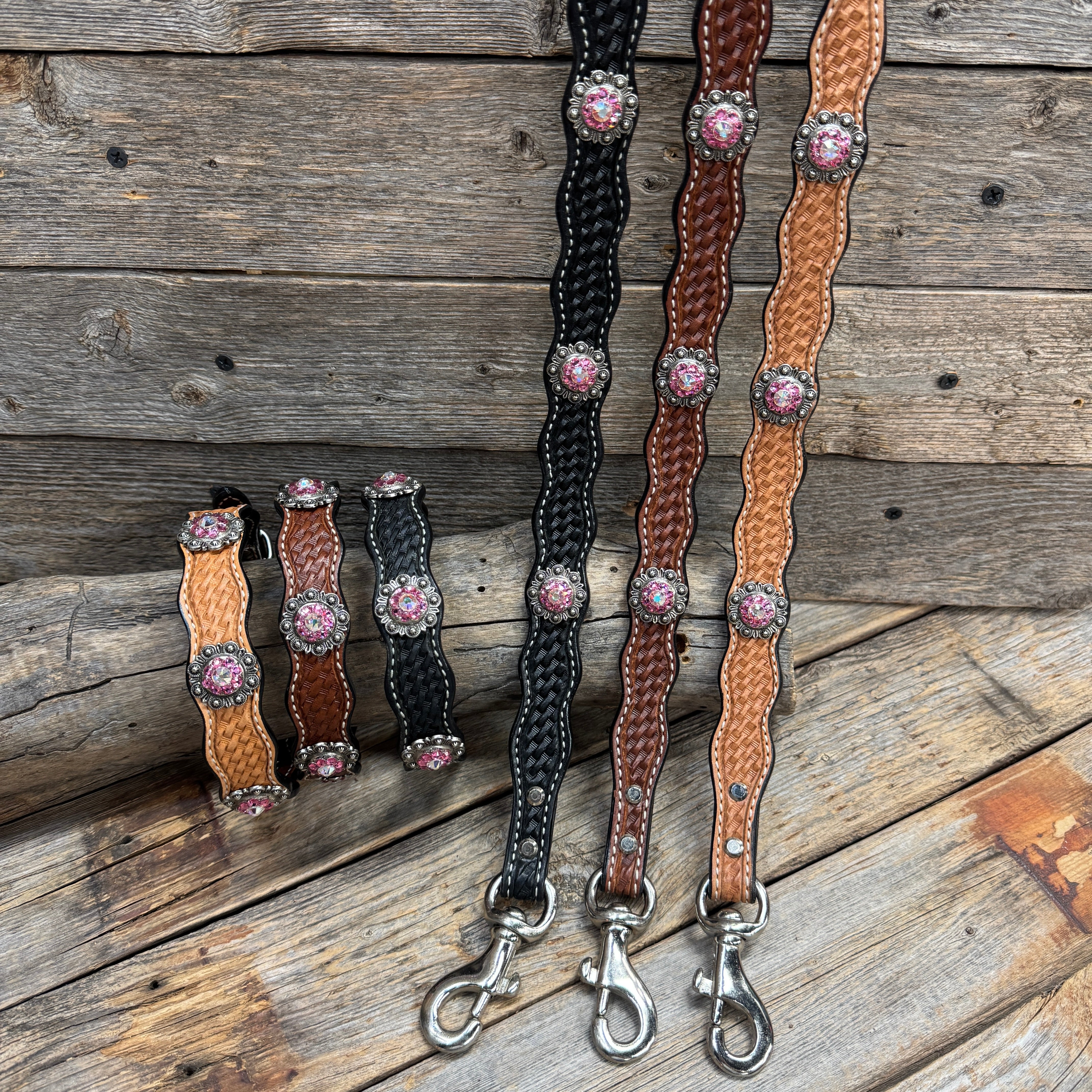 Genuine Leather Dog Collar or Leash With Antique Silver Pink and AB Conchos 10" to 22" orDC40