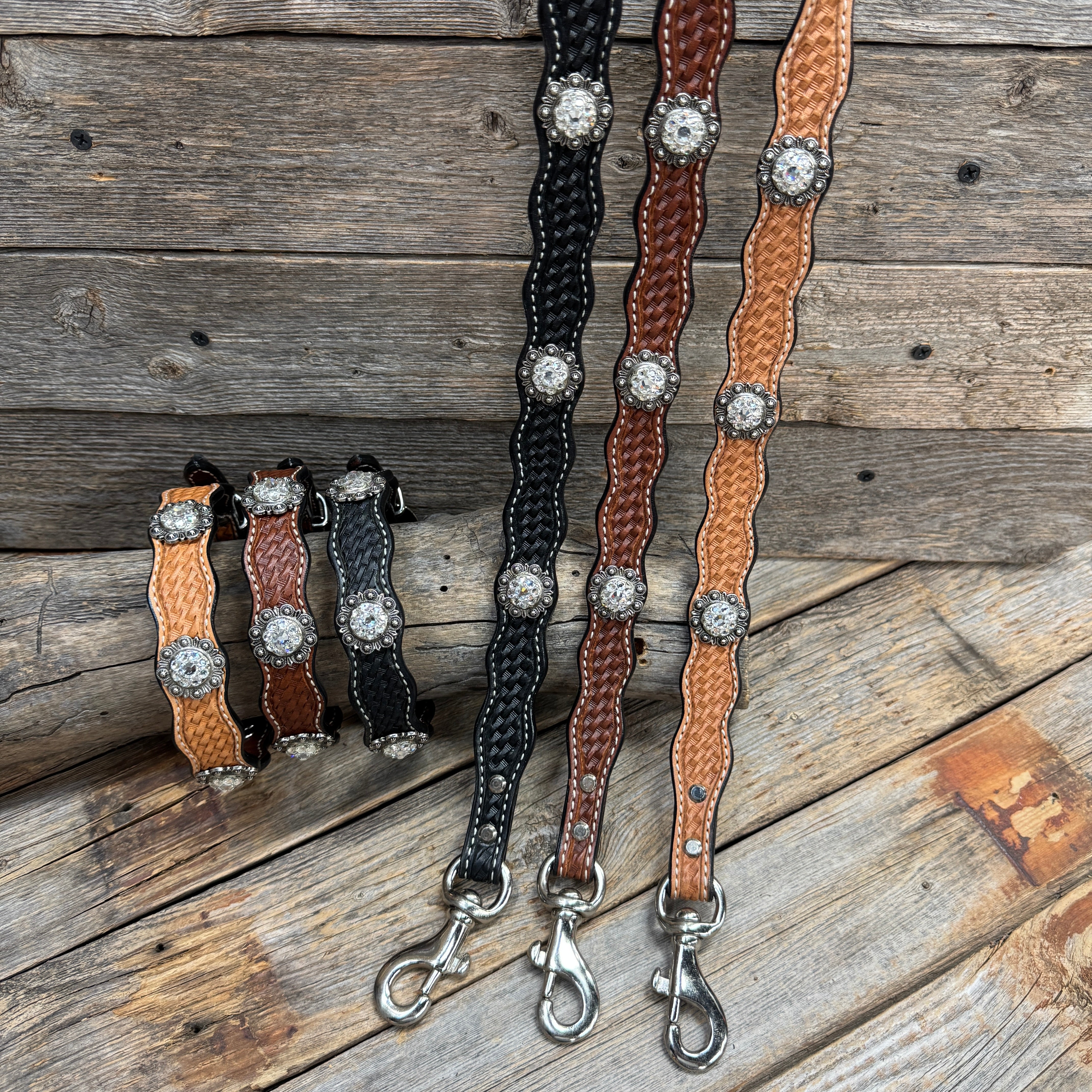 Genuine Leather Dog Collar or Leash With Antique Silver Clear Conchos 10" to 22" orDC44