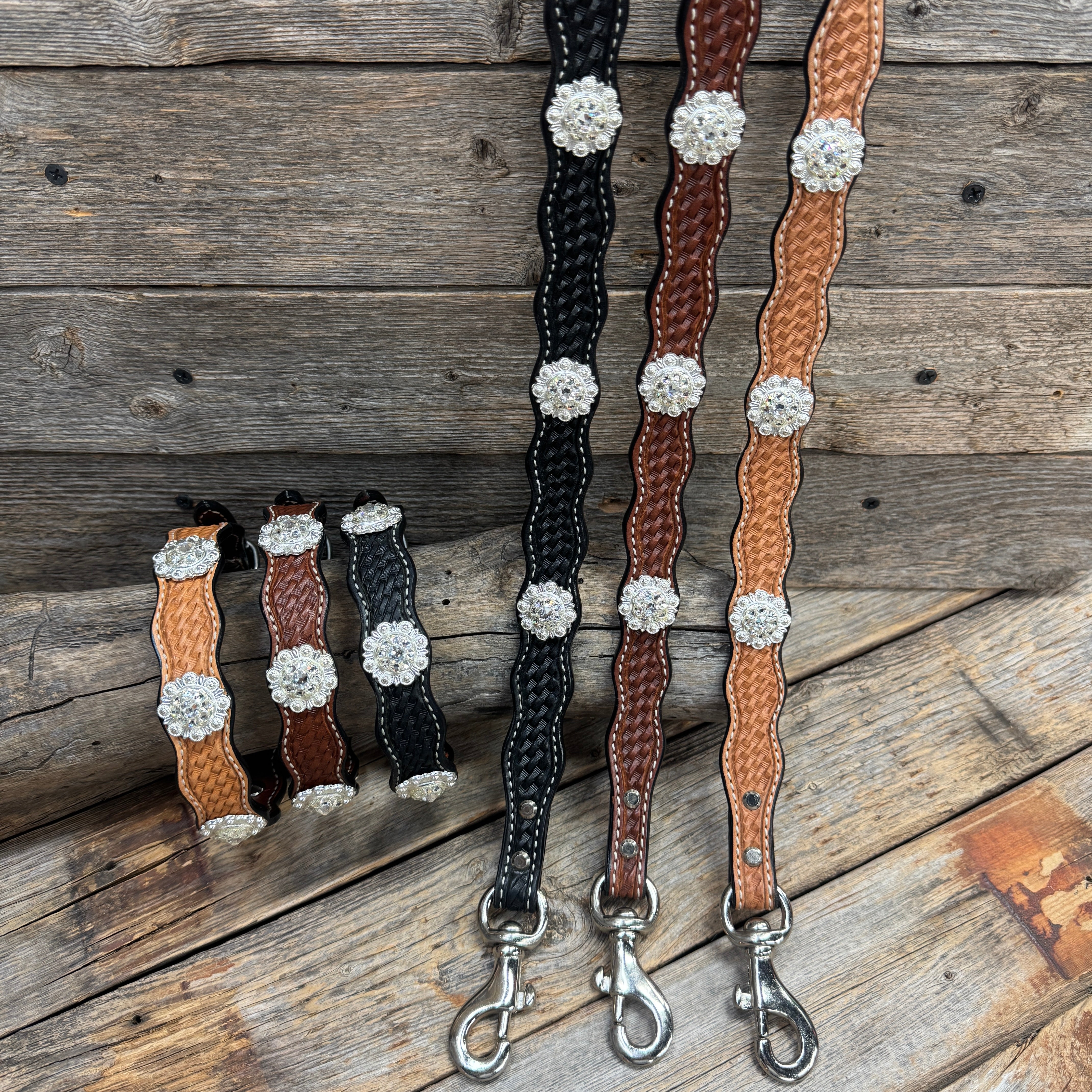 Genuine Leather Dog Collar or Leash With Bright Silver Clear Conchos 10" to 22" orDC1