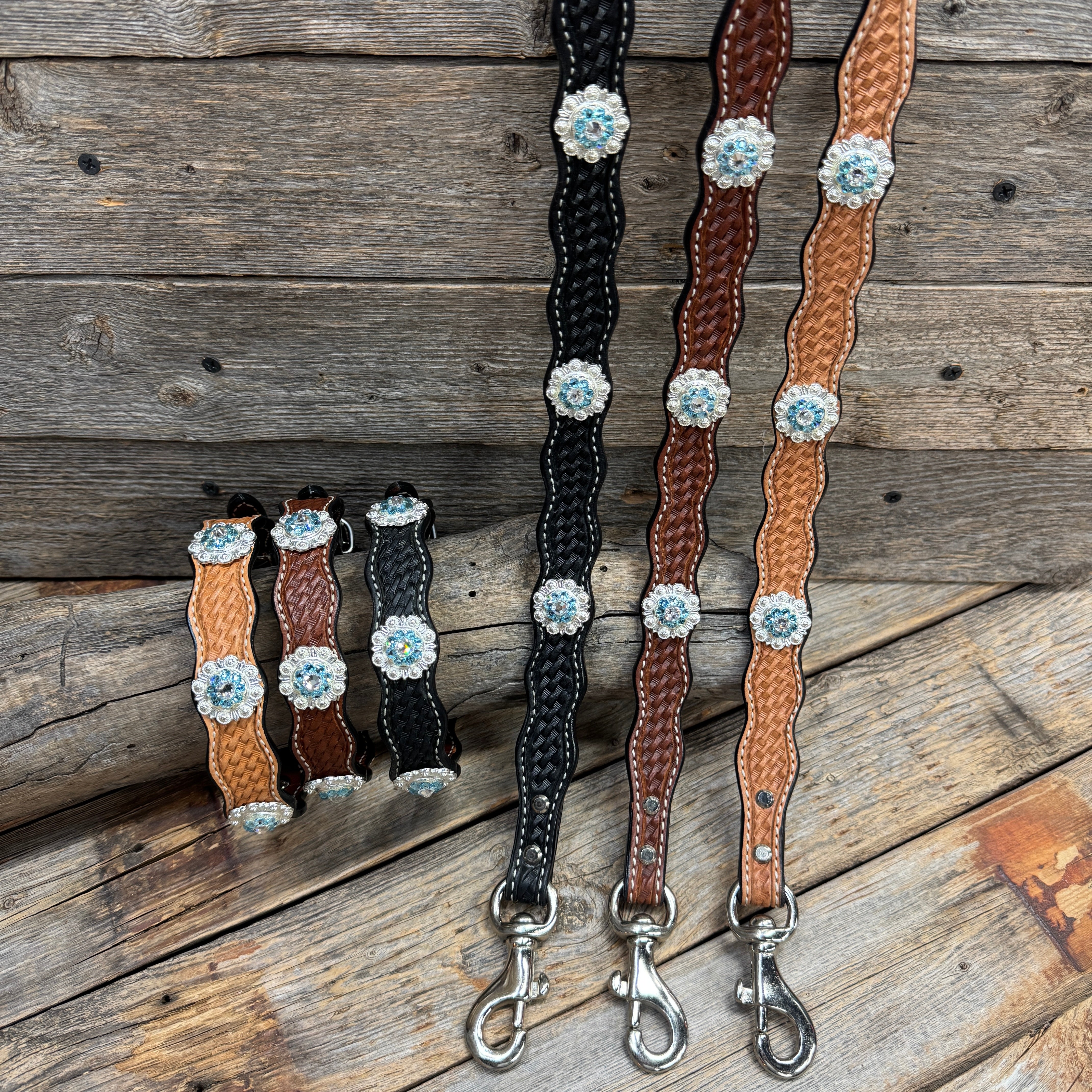 Genuine Leather Dog Collar or Leash With Bright Silver Aqua and Clear  Conchos 10" to 22" orDC47