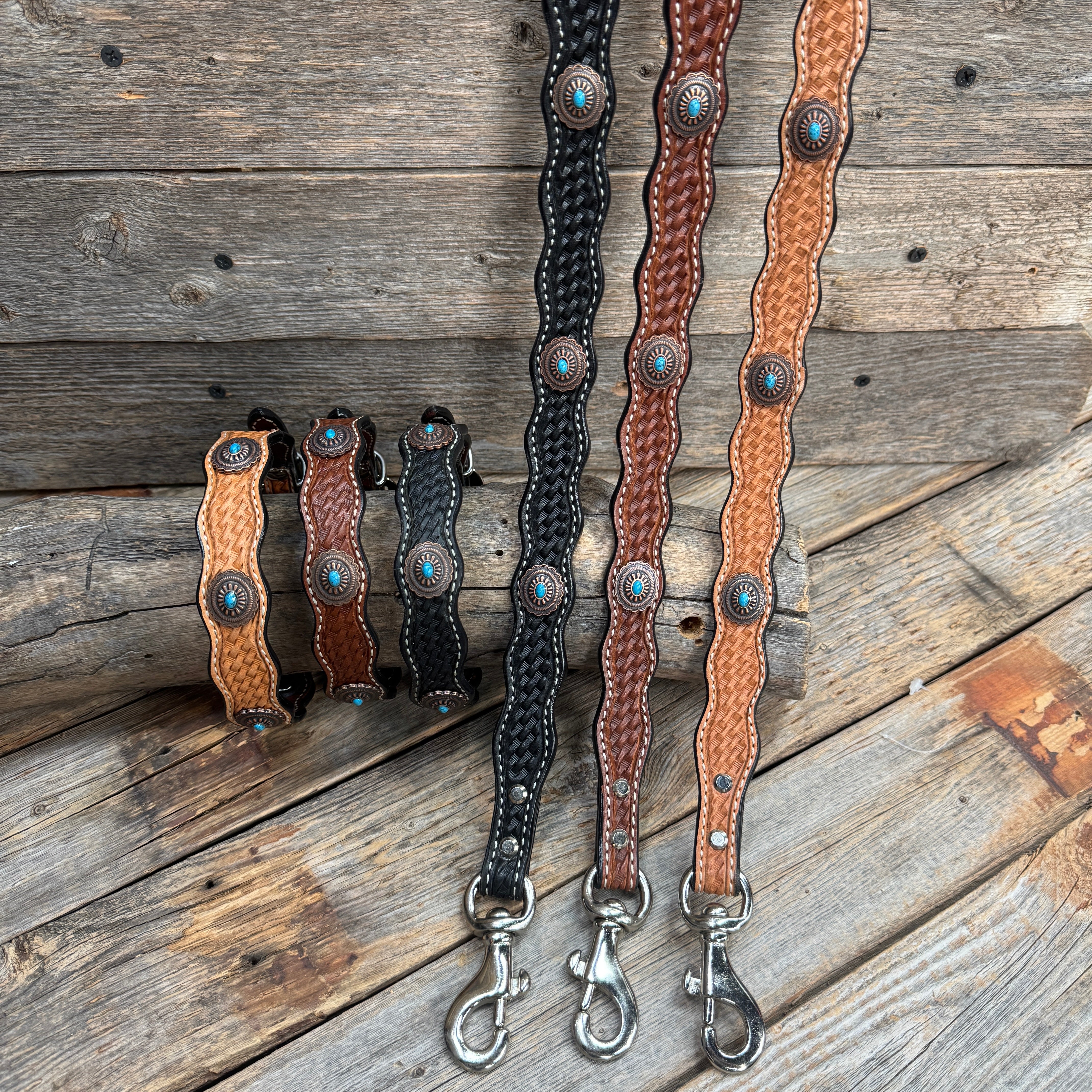 Genuine Leather Dog Collar or Leash With Oval Copper Turquoise Conchos 10" to 22" or W179S or DC76