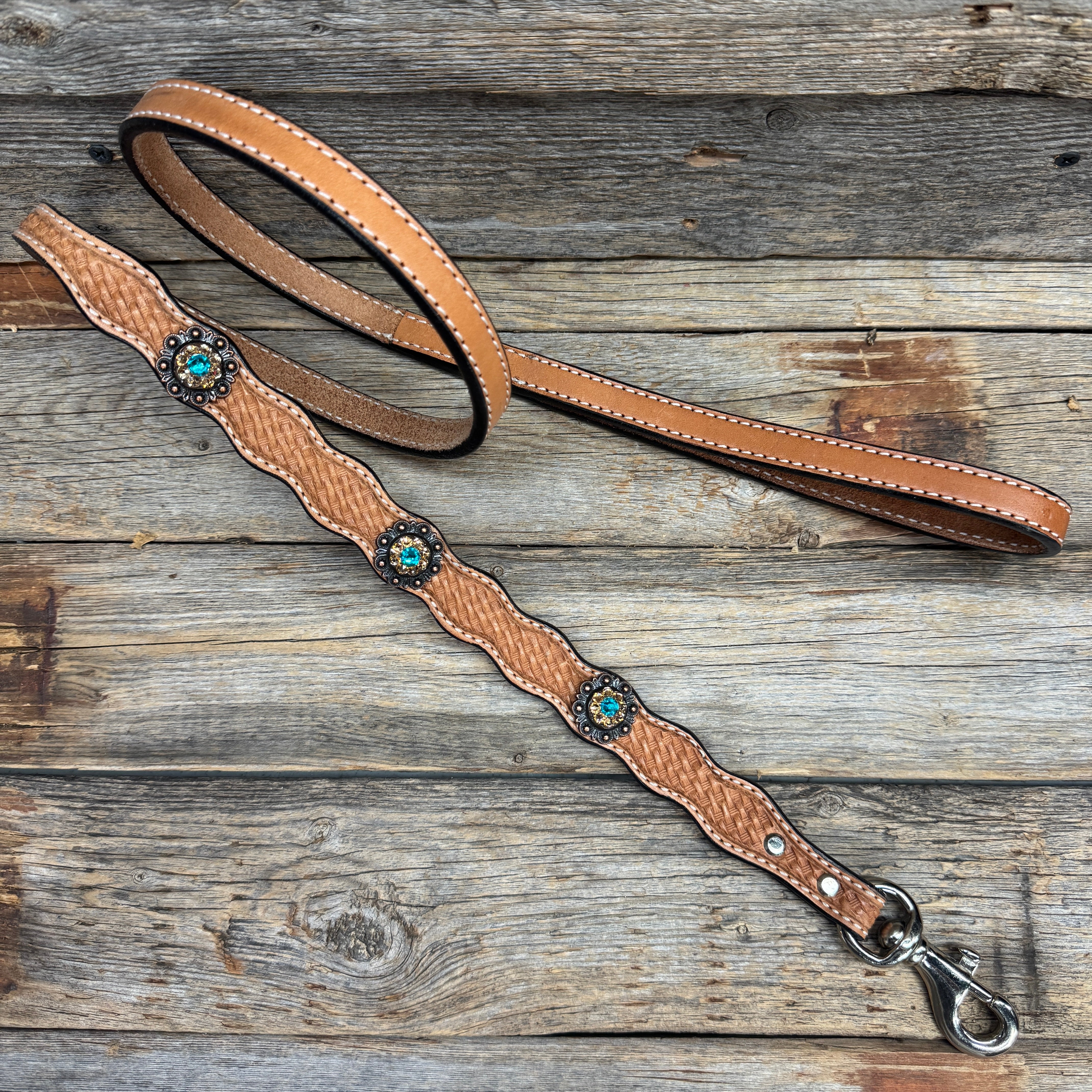 Genuine Leather Dog Collar or Leash  With Copper Teal and Champagne Conchos 10" to 22" orDC24