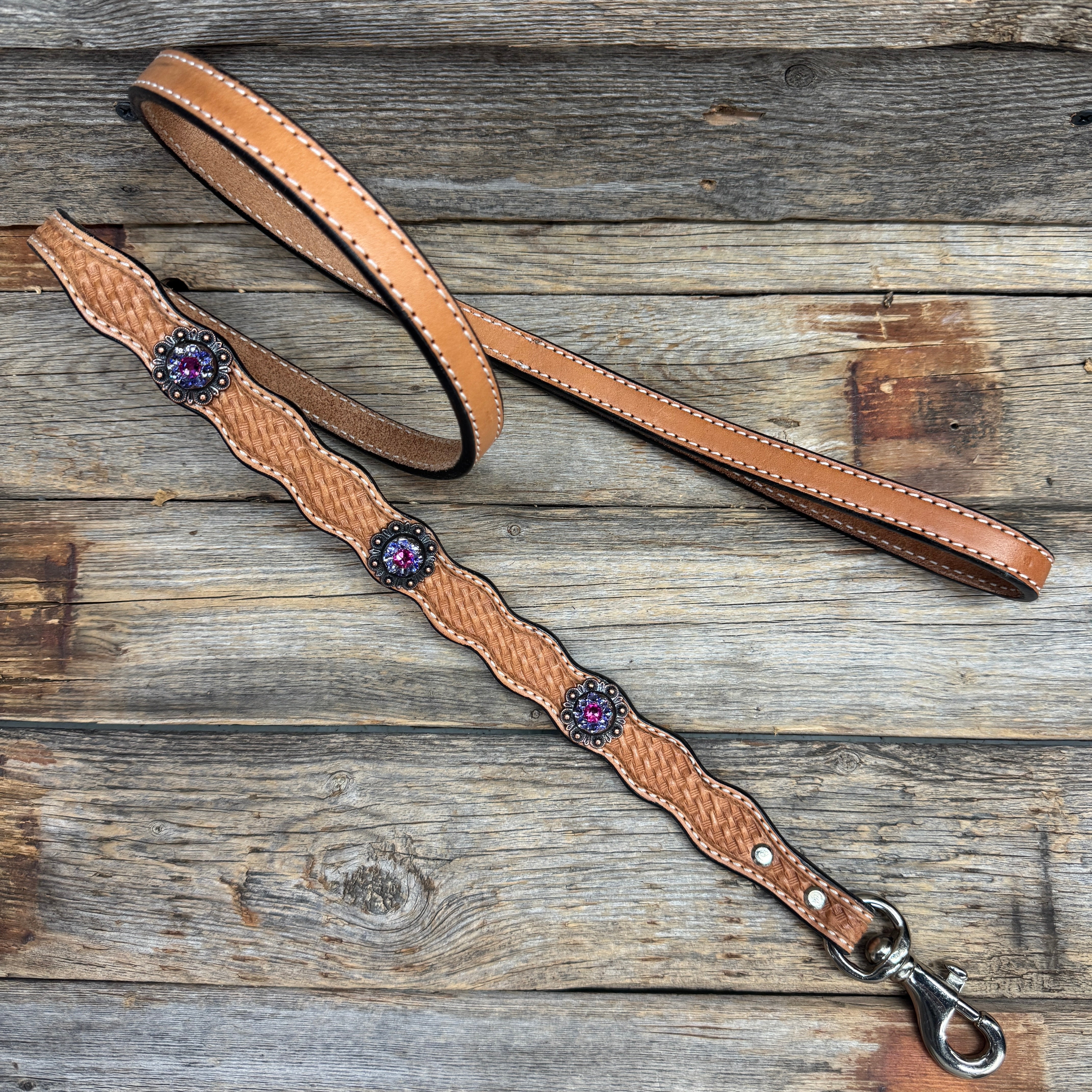 Genuine Leather Dog Collar or Leash With Copper Fuchsia and Lilac Conchos 10" to 22" orDC35